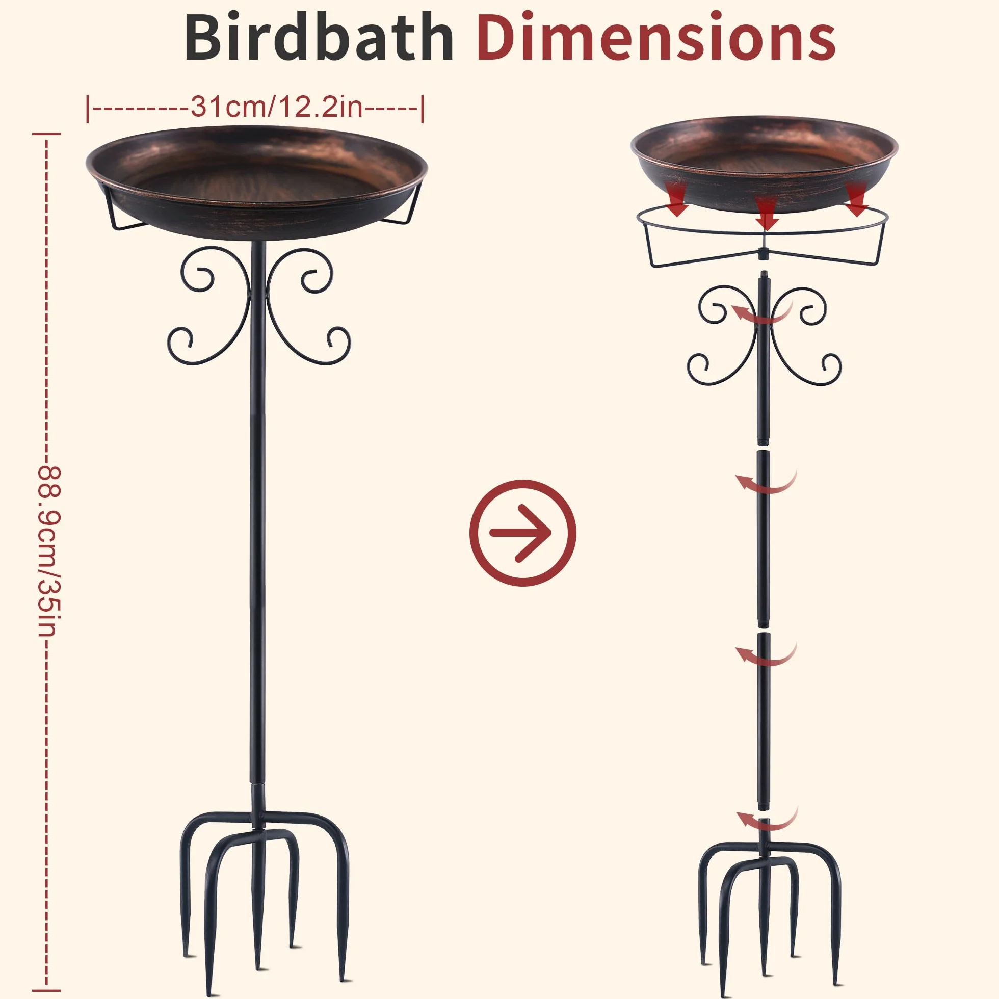Bebedero para pájaros de pie, Comedero Pajaros Exterior con Pie, Baño de Pájaros Metal Regulable en Altura, Decoración Jardín Resistente Invierno