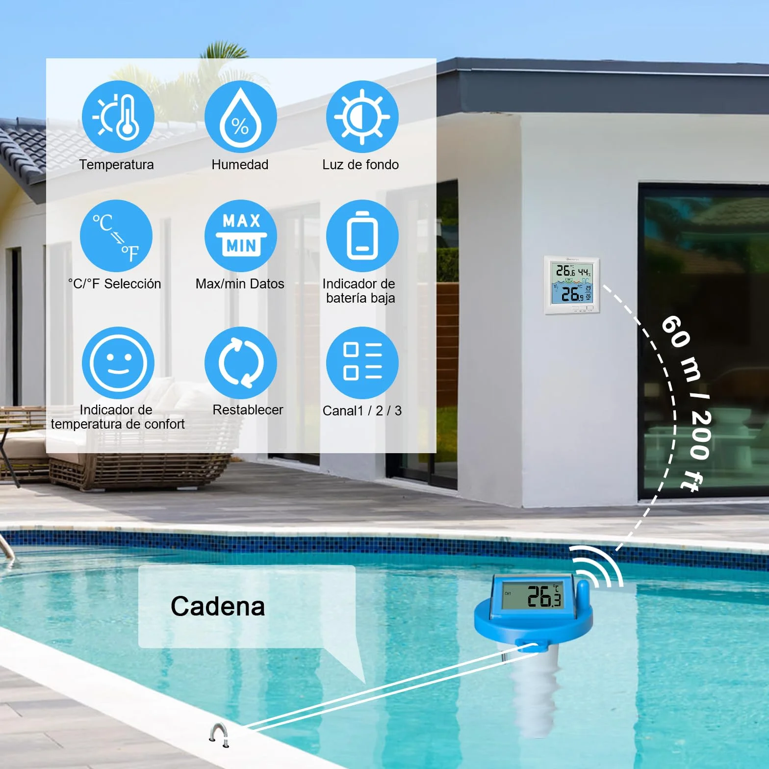 KETOTEK Termómetro inalámbrico para piscina IPX8, medidor digital de temperatura del agua flotante