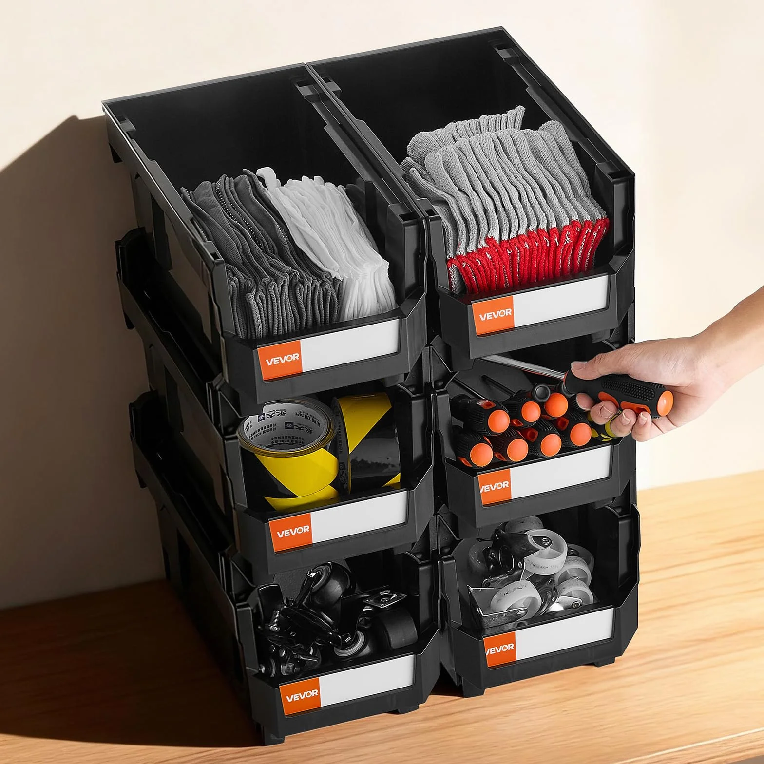 VEVOR Cajas Apilables 377 x 215 x 180 mm Almacenamiento Apertura Frontal Negro 6 uds