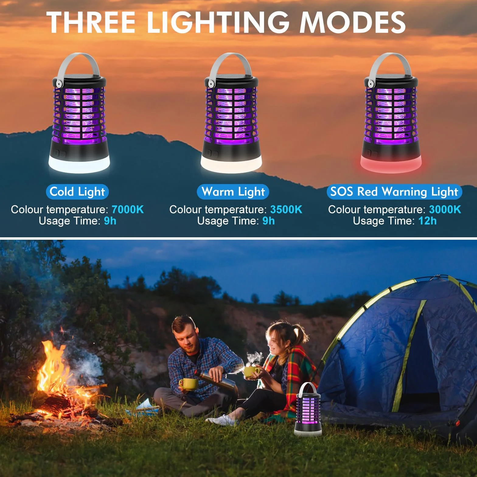 Lámpara Antimosquitos Exterior 2000V Mata Mosquitos Eléctrico IP66 Impermeable Recargable USB Tipo-C Batería 2200mAh LED 3 en 1 para Camping Jardín