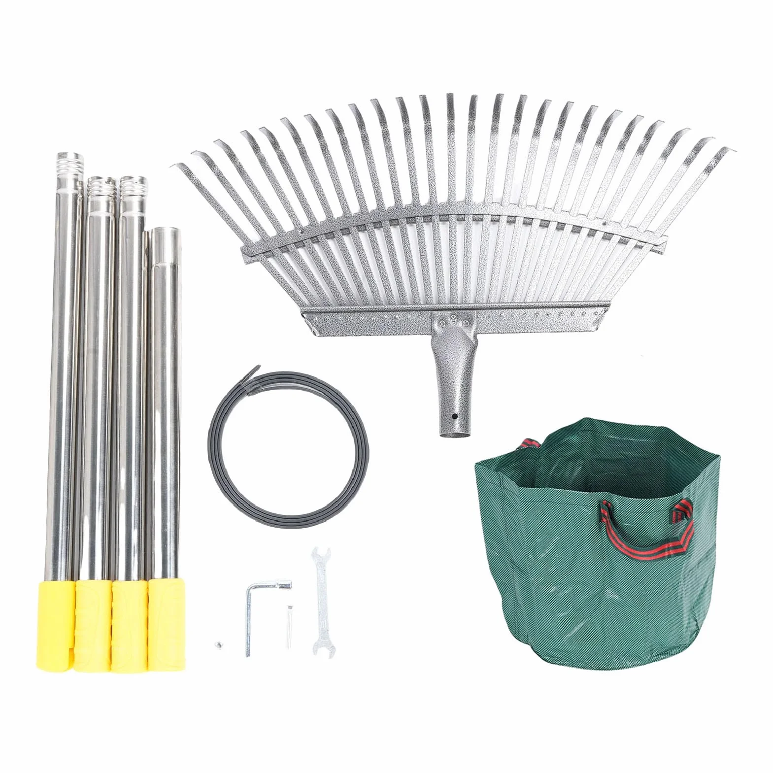 Rastrillo de jardín de hojas de metal, extraíble y ajustable, rastrillo de hojas resistente con bolsa reutilizable para patio exterior