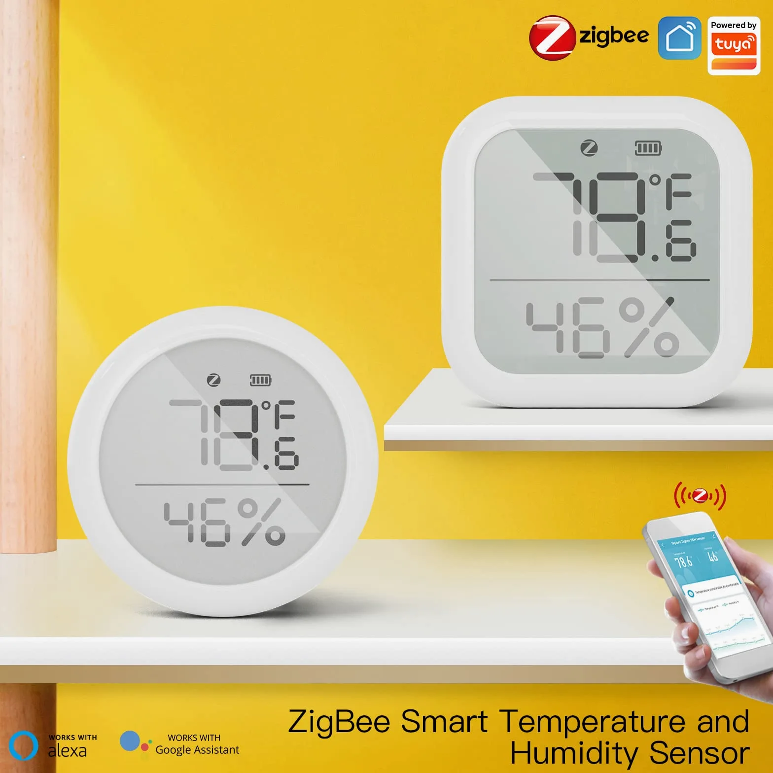 para ZigBee - Termómetro higrómetro inteligente (2 unidades, sensor de temperatura interior y humedad, control de aplicaciones, pantalla LCD grande, revisión de registros de datos, enlace inteligente