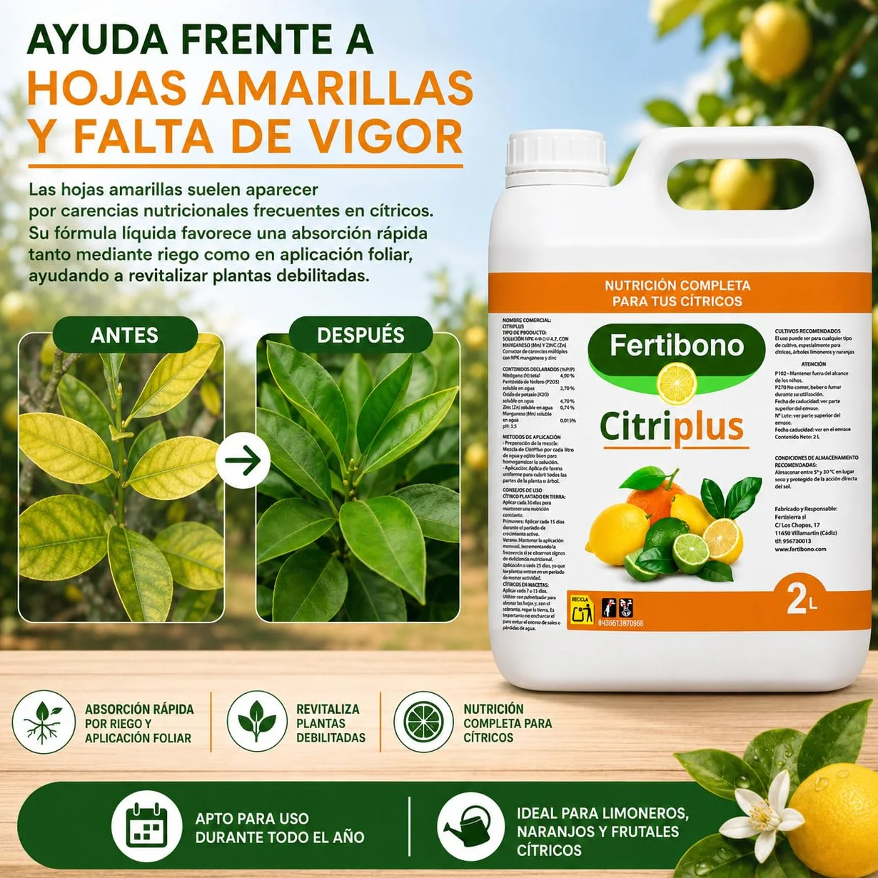Fertibono CitriPlus Abono Cítricos 2L Rico en Hierro Zinc Magnesio NPK Ecológico