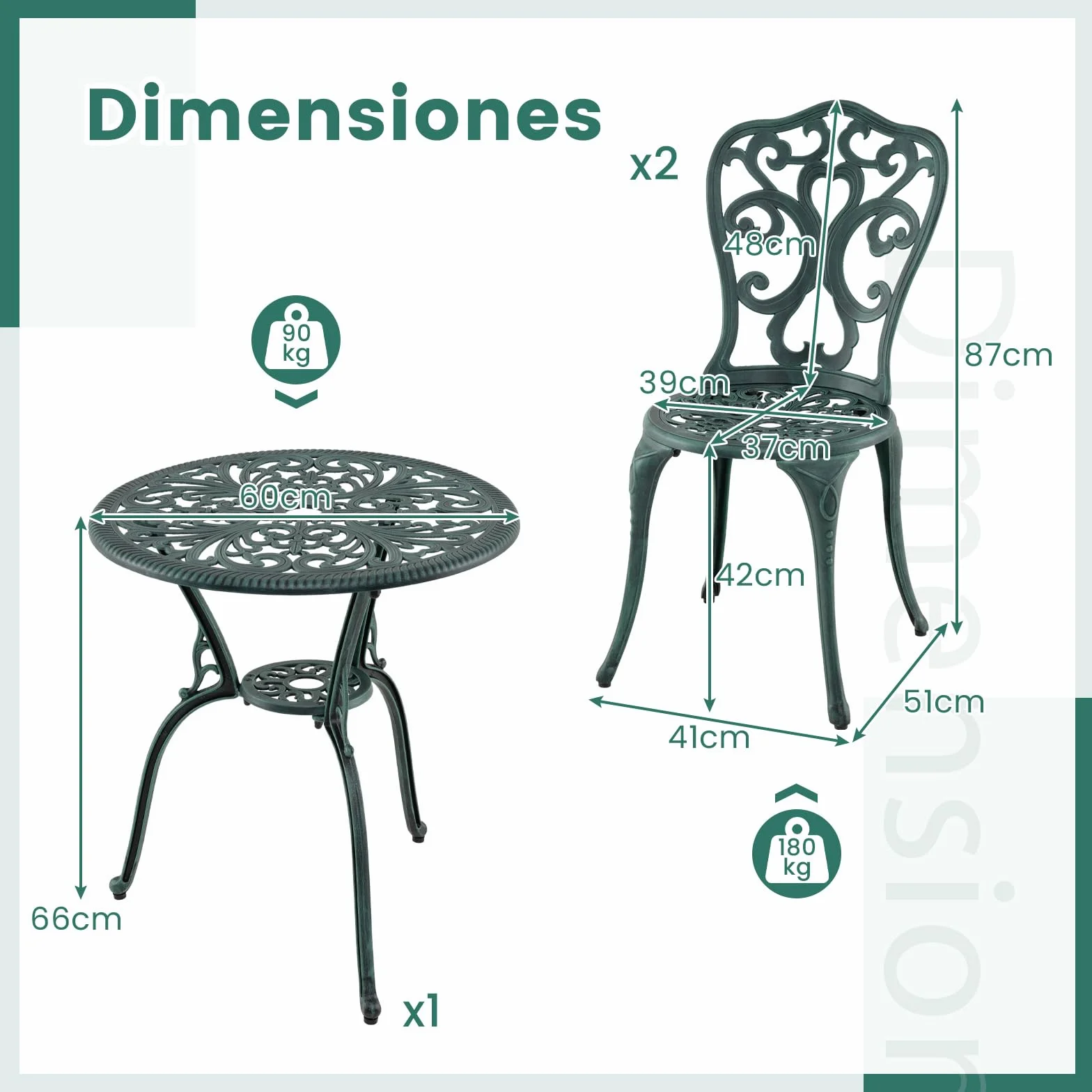 COSTWAY Conjunto Jardin Exterior 3 Piezas Sillas Mesa Aluminio Fundido Agujeros Sombrilla