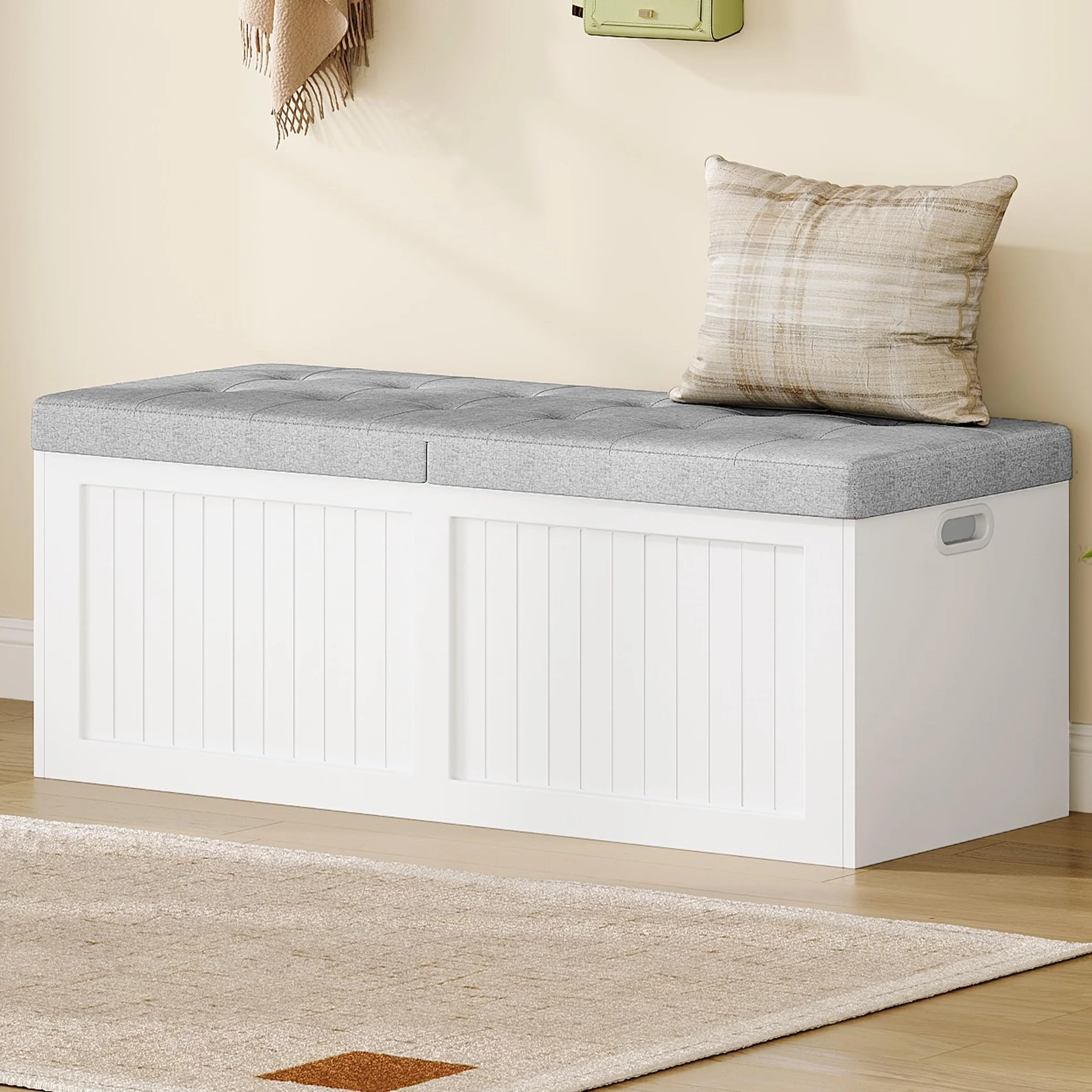 Baúl almacenaje Banco con Compartimento, Tapa Abatible Cojín Lino, 40 x 109 x 44,5 cm, Blanco-Gris