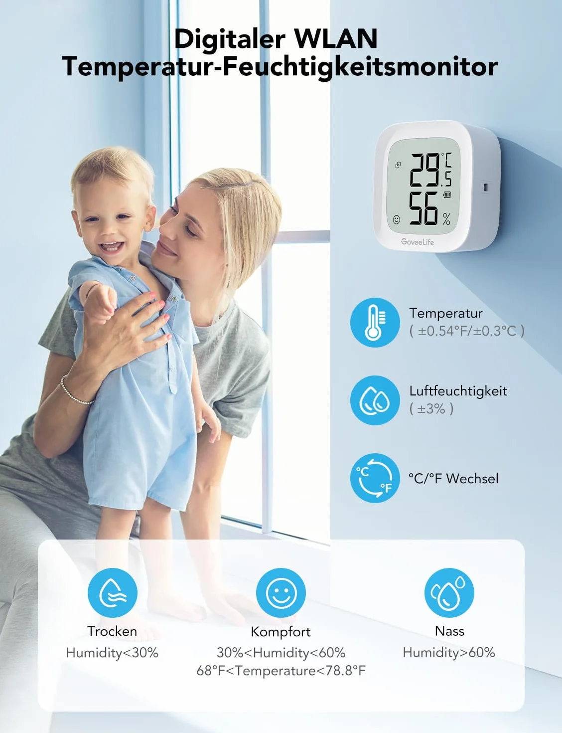 GoveeLife Higrómetro Wi-Fi Termómetro digital Temperatura humedad Interior Control remoto Notificación