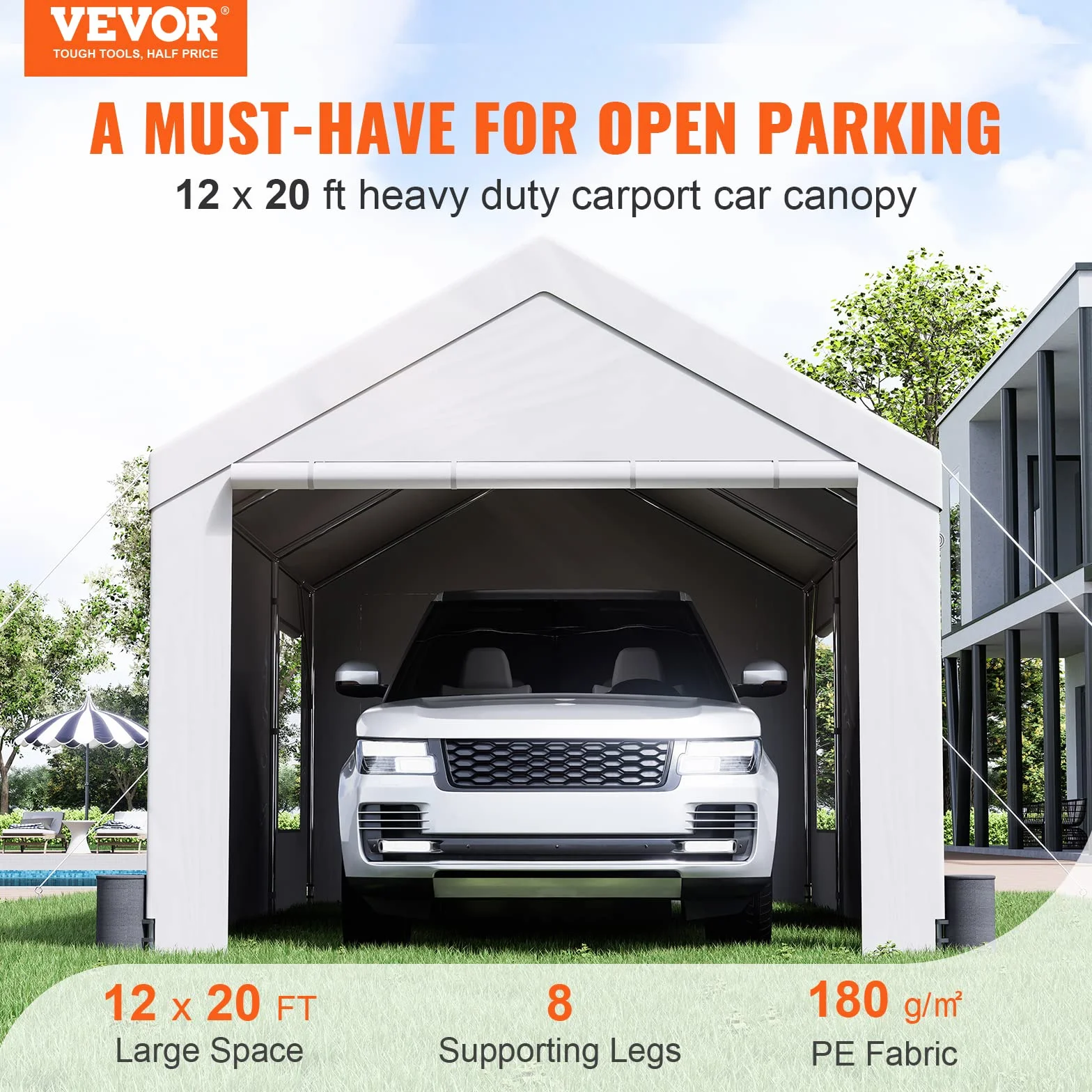 VEVOR Toldo para Cochera 3,7x6 m Carpa para Garaje con Paredes Laterales Desmontables Ventanas Puertas Enrollables Lona Impermeable Blanco