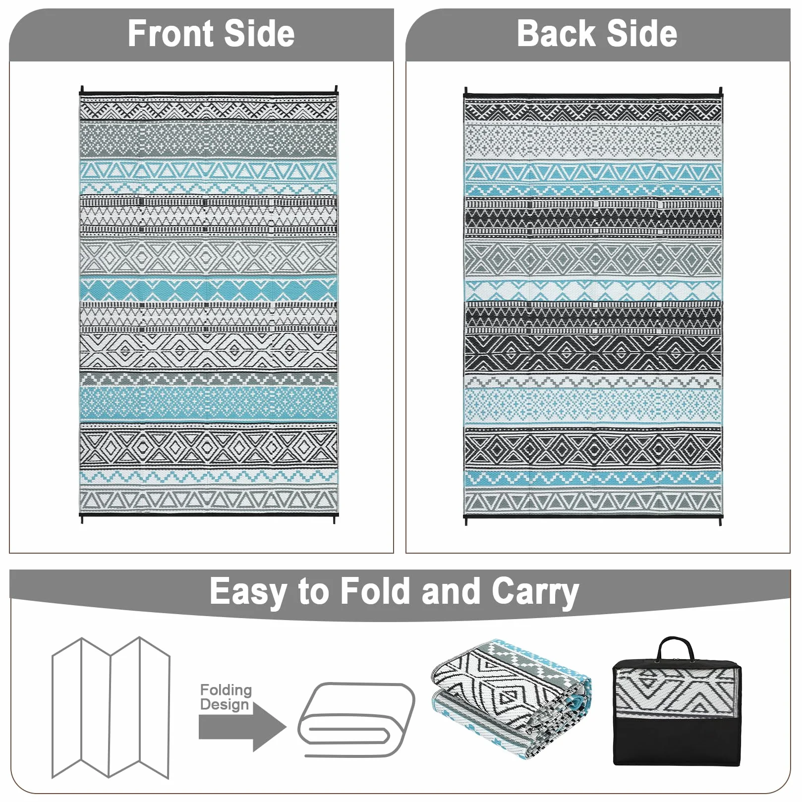 CAROMIO Alfombra exterior 120x240 cm plástico pajita impermeable reversible azul gris