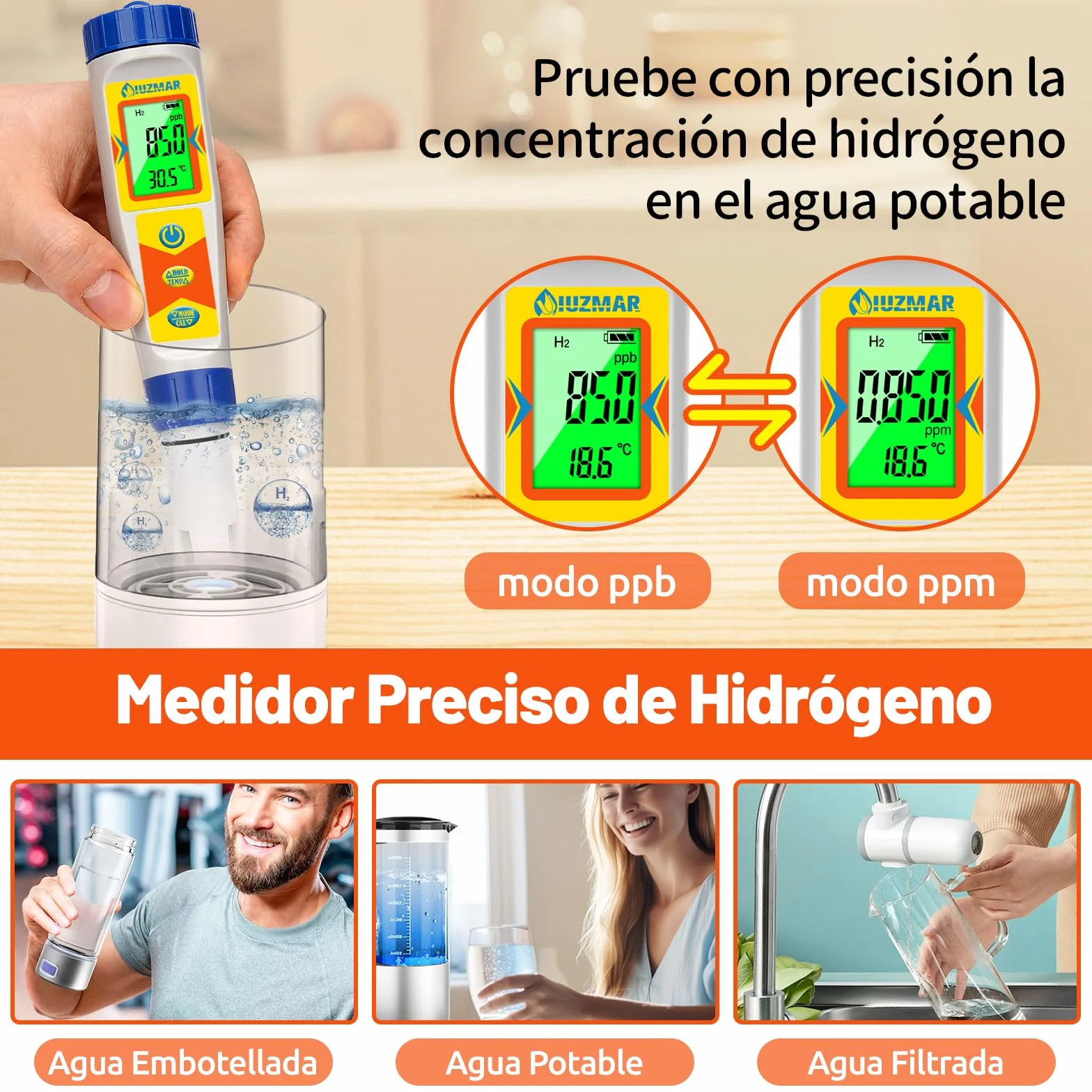UIUZMAR Medidor de Hidrógeno y pH para Botella de Agua de Hidrógeno, Medidor pH H2, Probador de Calidad del Agua 6 en 1 con Función de pH H2 ORP TDS EC TEMP para Piscina, Acuario, Hidroponía