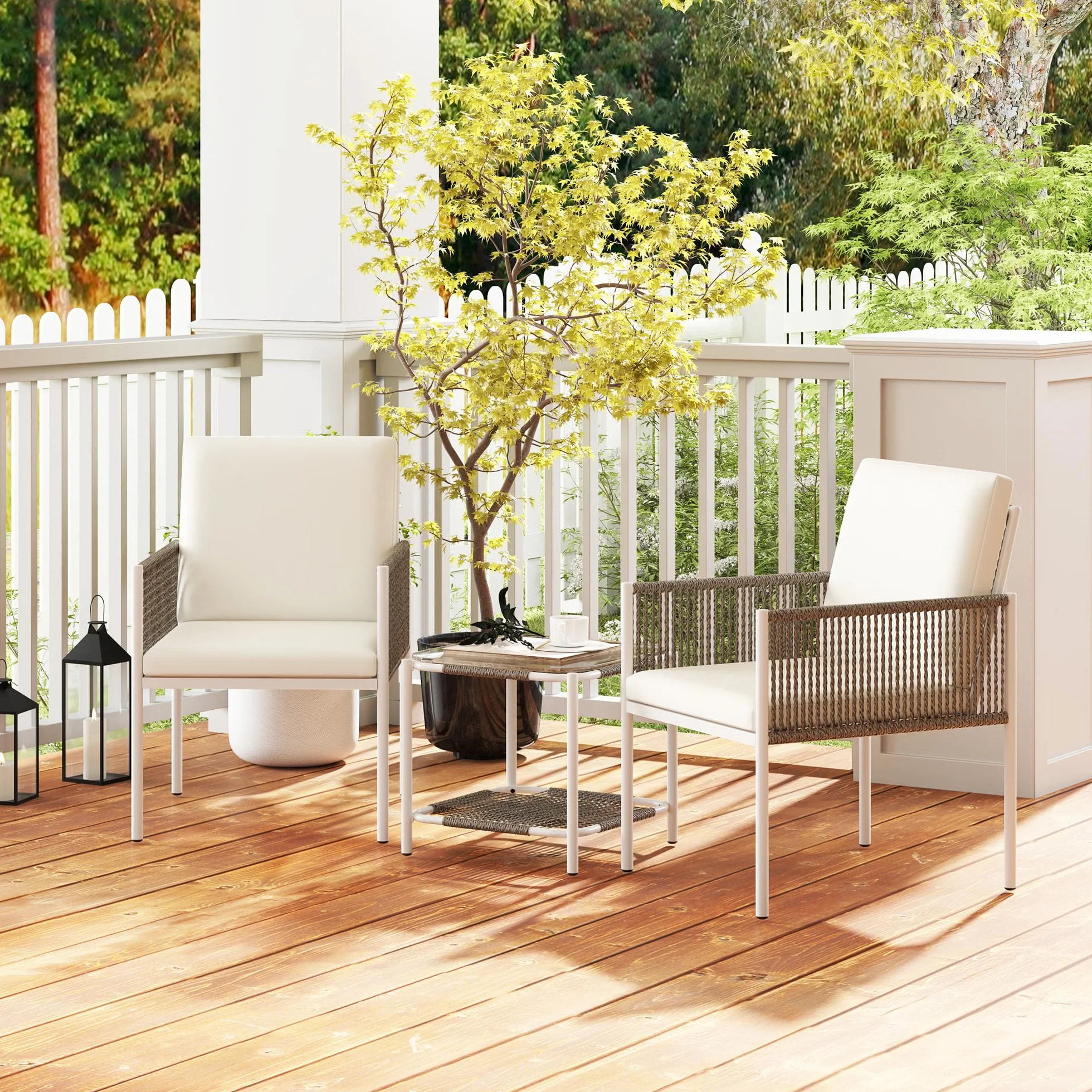 Outsunny Conjunto de Jardín 3 Piezas Mesa y 2 Sillas Ratán con Encimera Vidrio Cojines Acolchados Marrón Crema