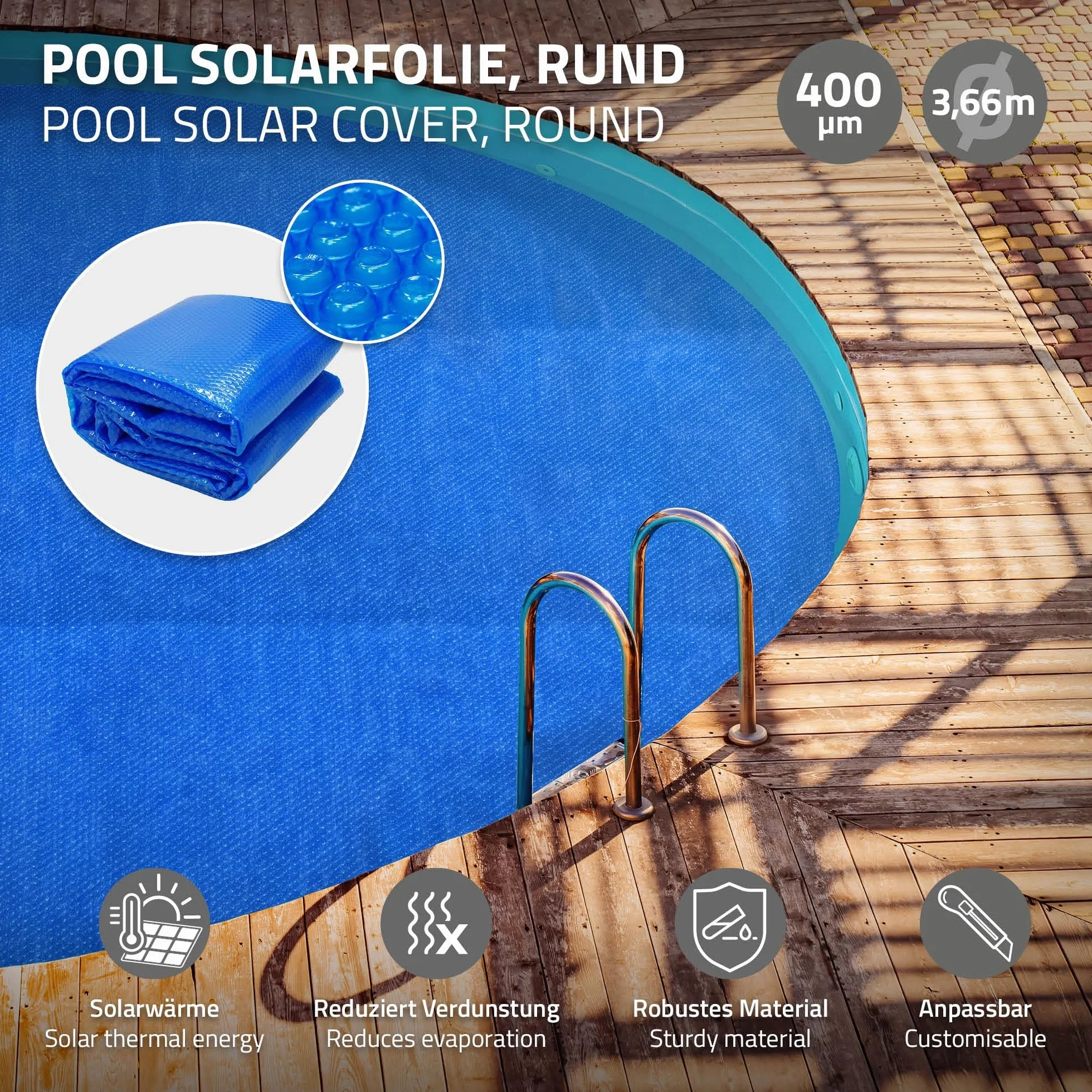 ECD Germany Cubierta Solar para Piscina Redonda Ø 366 cm, Azul, Lona Térmica de Burbujas, 400 µm