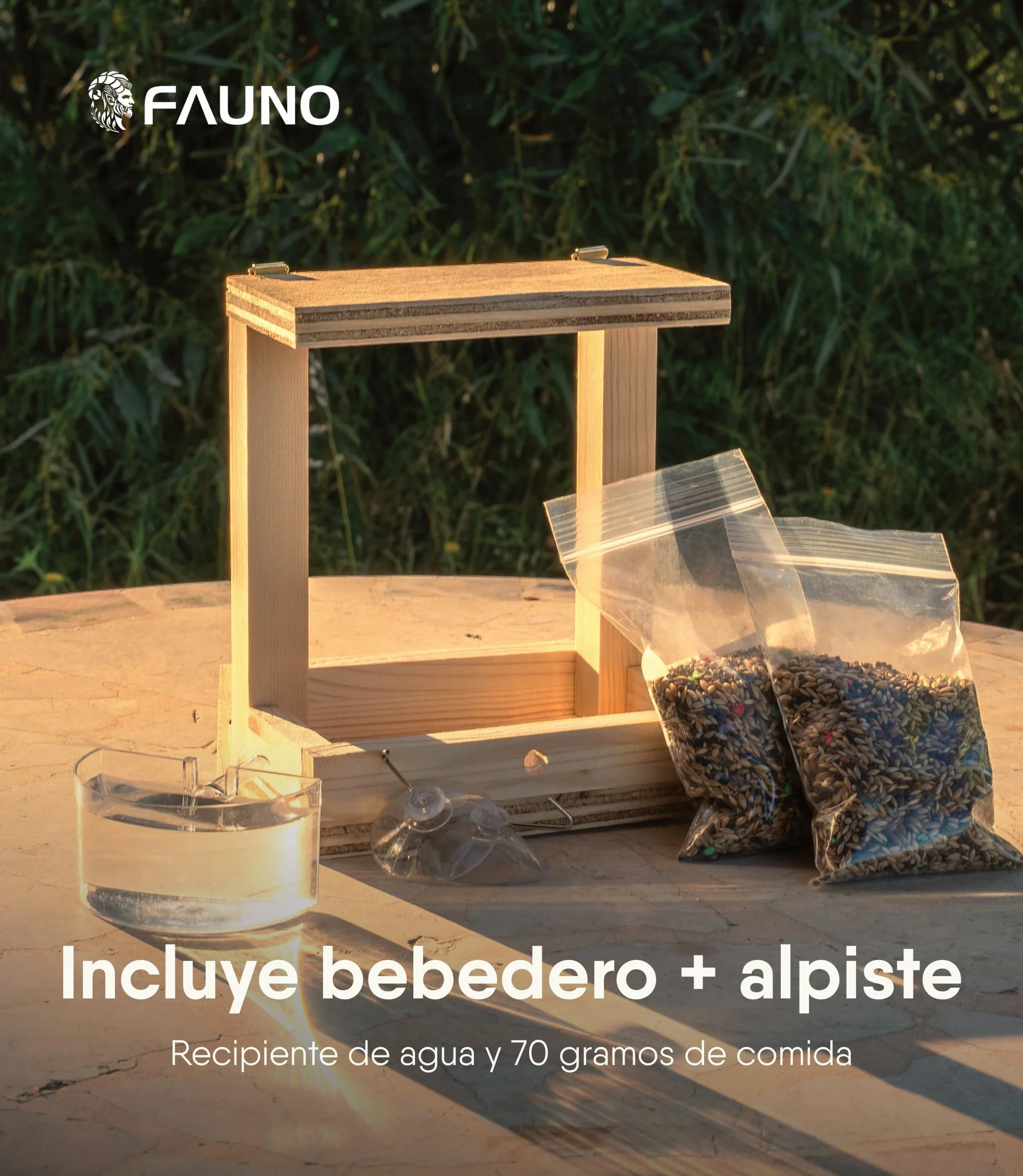 Comedero Pájaros Exterior Ventana Madera Casita con Soporte Ventosas Incluye Bebedero Bolsa 70g Alpiste Aves Silvestres