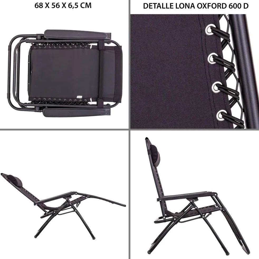 LOLAhome Pack de 2 sillas Gravedad Cero reclinables con Bloqueo de Seguridad Negras de Tejido Oxford y Acero de 95x65x106 cm