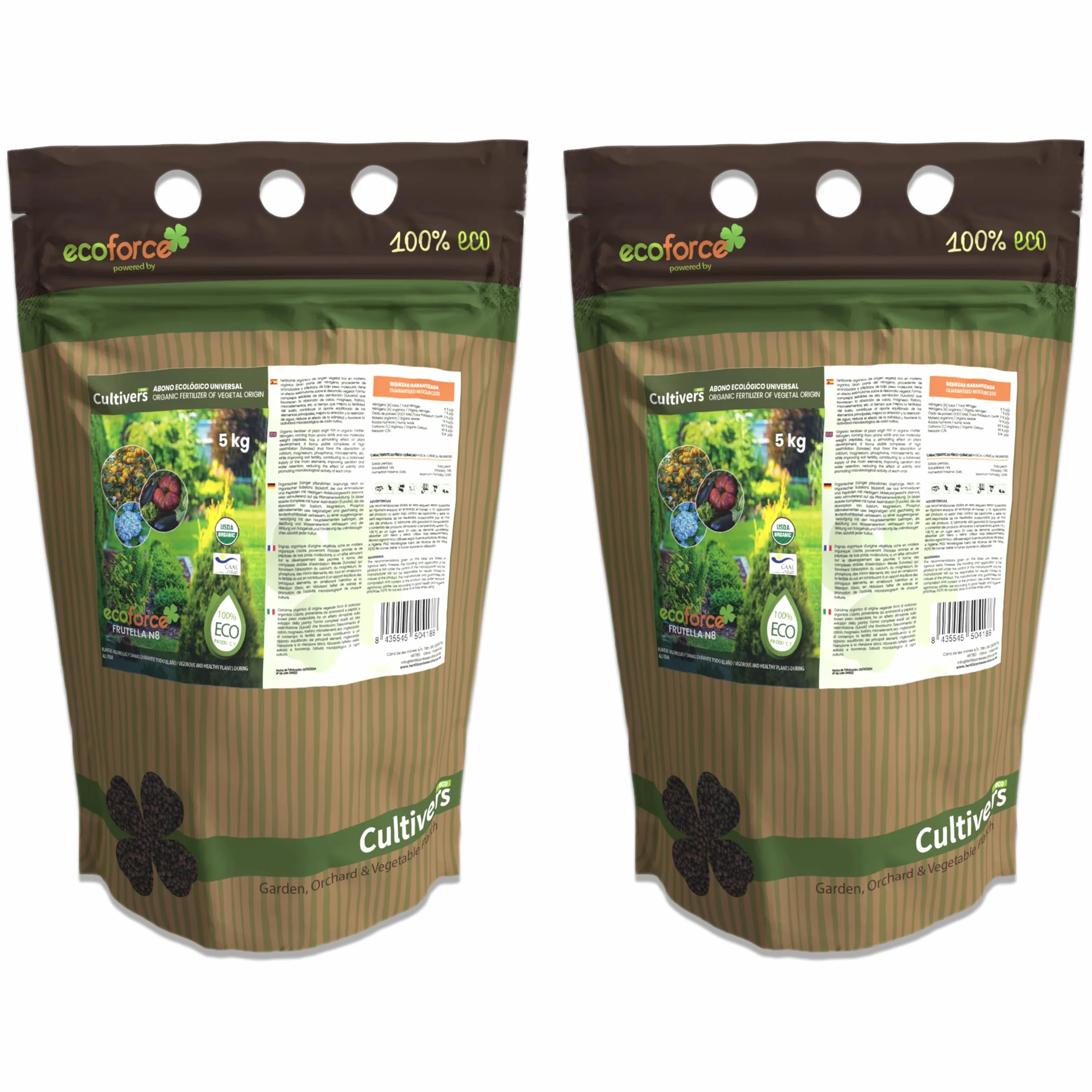 CULTIVERS Abono Ecológico Universal de 2x5 kg. Fertilizante granulado con NPK 8-1-5+74% M.O. y Ác. Húmicos. Liberación Lenta. Potencia el Crecimiento y estimula el Cultivo.