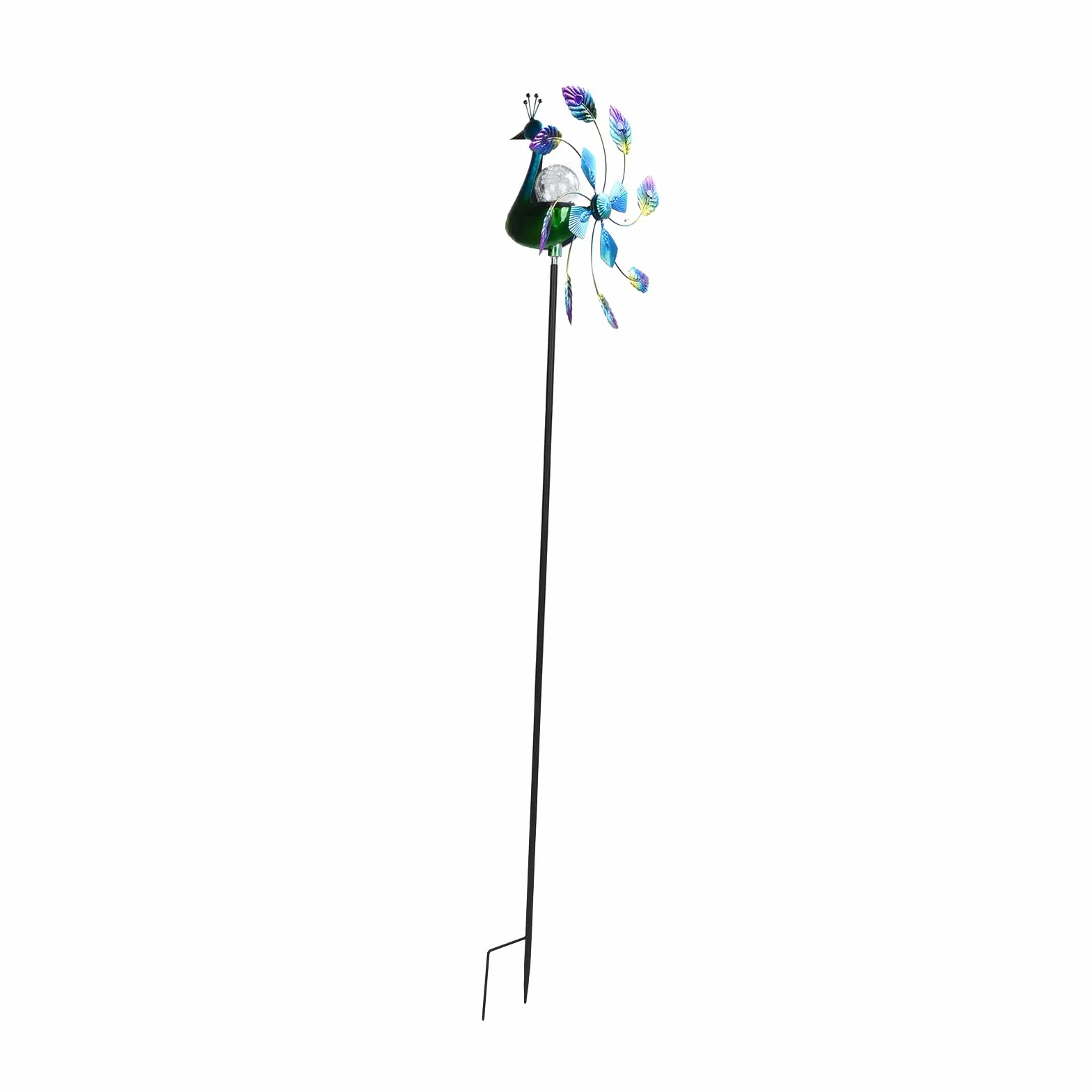 Wakects Molino de Viento de Hierro Forjado, Molino de Viento, Hilanderos de para Exteriores, 66,9 X 16,5 Pulgadas, Luz Que Cambia de Color, Bola de Vidrio, Cuchillas Giratorias Dobles para Jardín,