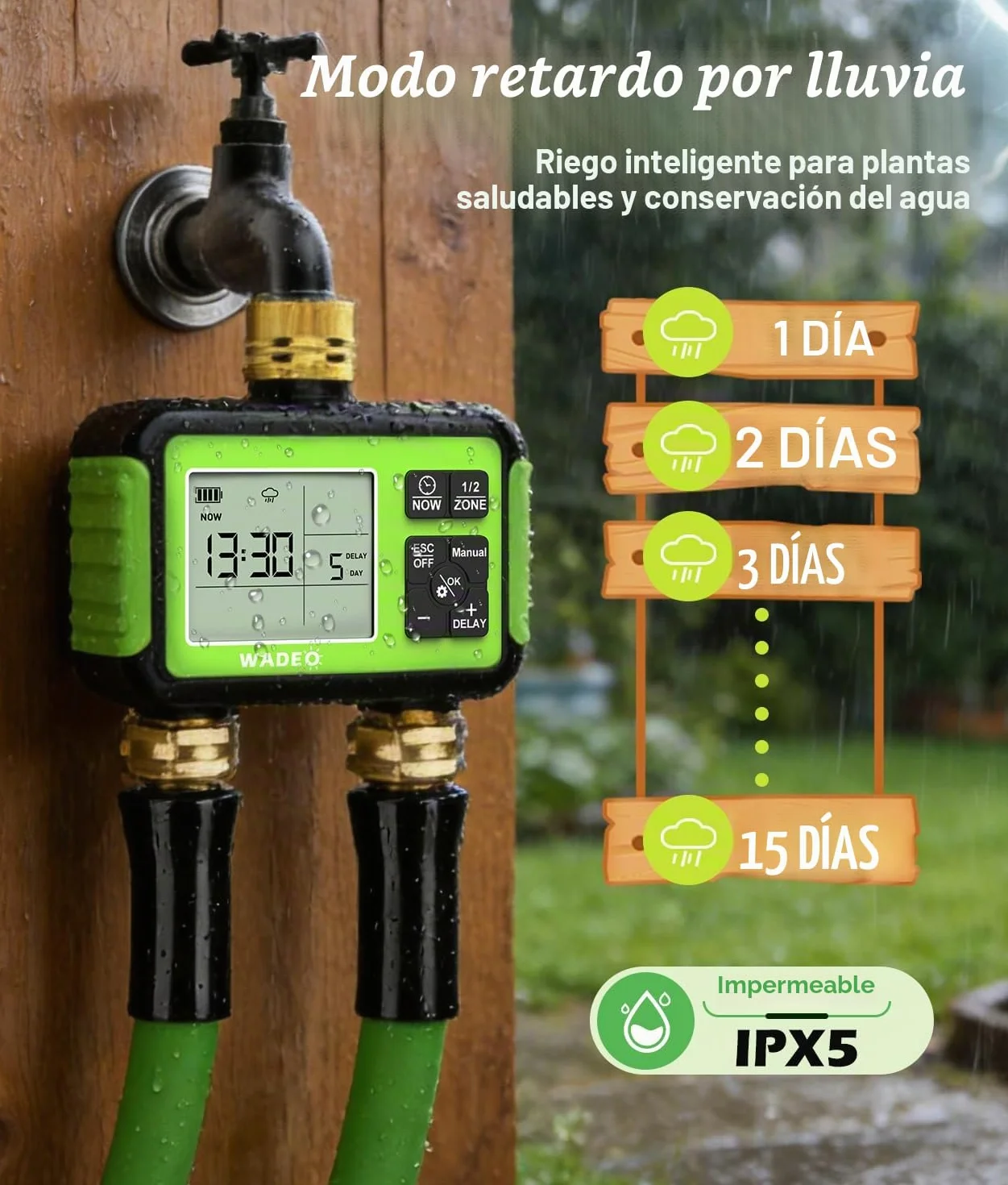 WADEO Programador de riego 2 Salidas, latón, Pantalla LCD, Temporizador de Agua automático/Manual/retardo por Lluvia