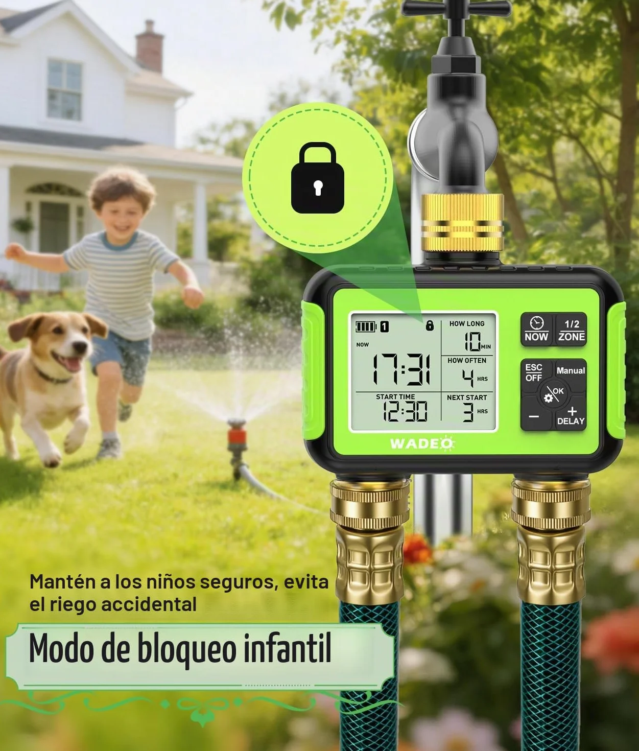 WADEO Programador de riego 2 Salidas, latón, Pantalla LCD, Temporizador de Agua automático/Manual/retardo por Lluvia