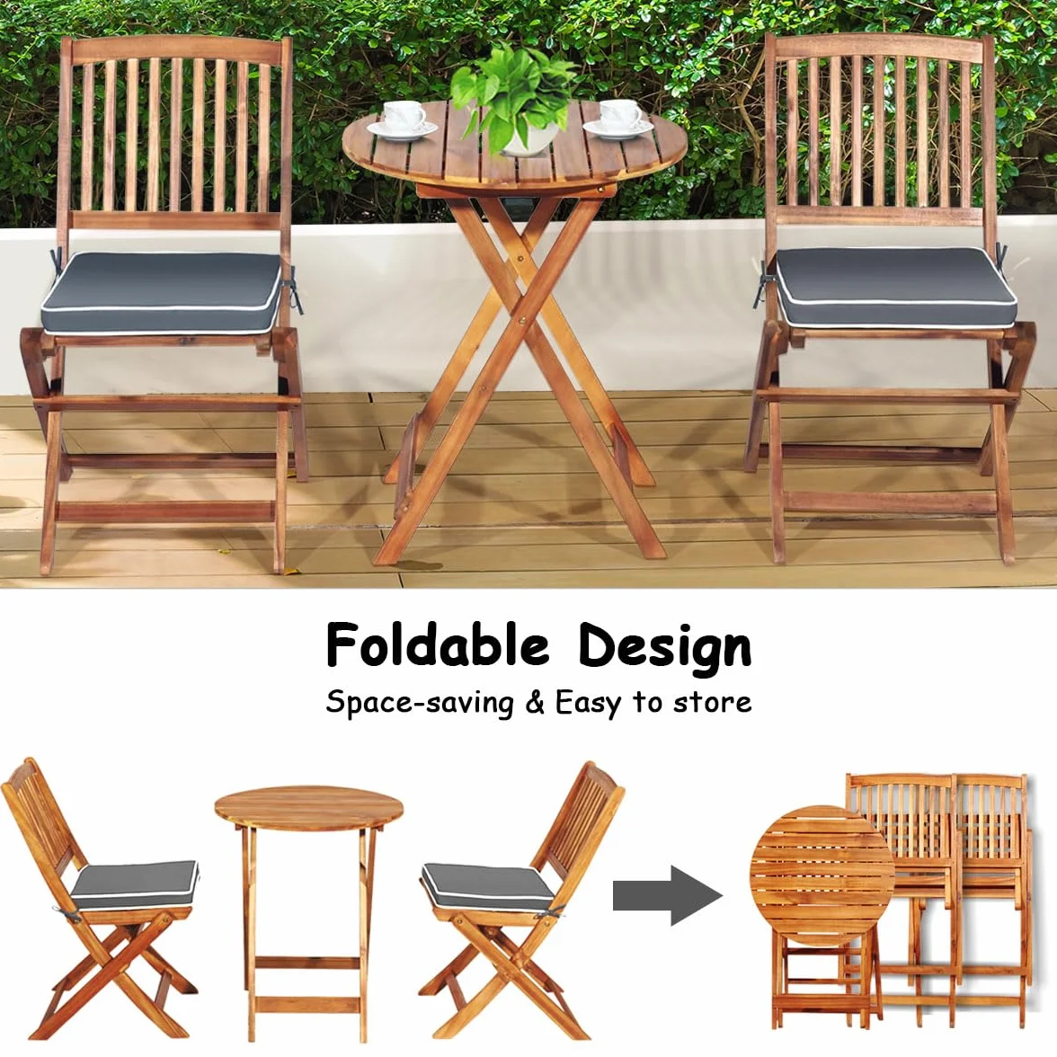 KOMFOTTEU Juego Mesa y 2 Sillas Plegables de Madera de Acacia para Exterior, Set con Cojines Gris