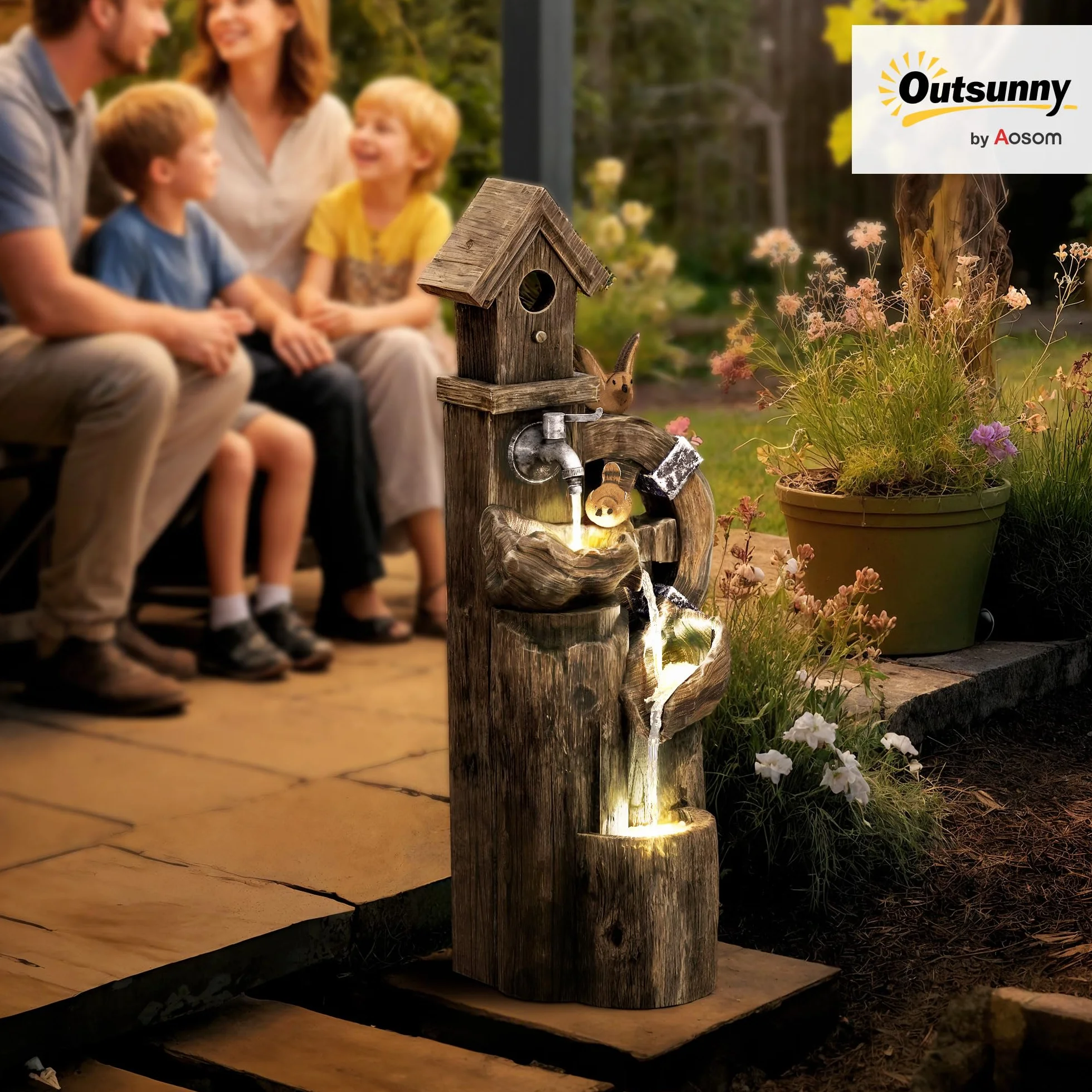 Outsunny Fuente de Agua 2 en 1 con Casita para Pájaros Fuente de Jardín con Iluminación LED Fuente Decorativa en Cascada de 4 Niveles para Jardín Patio Terraza 34,5x29,5x92 cm Multicolor