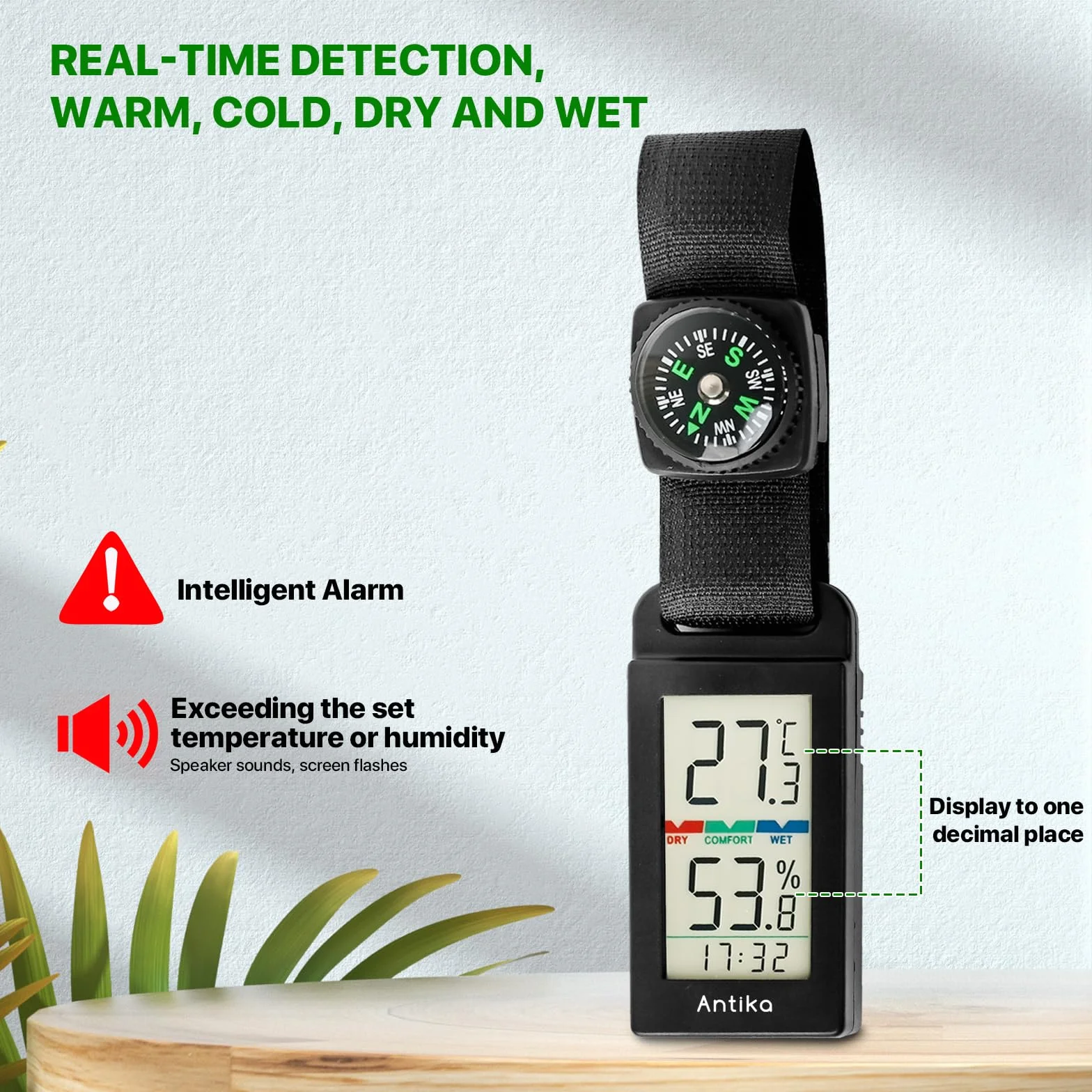 Termómetro Higrómetro Digital Antika con Brújula, Monitor de Temperatura y Humedad (Negro)
