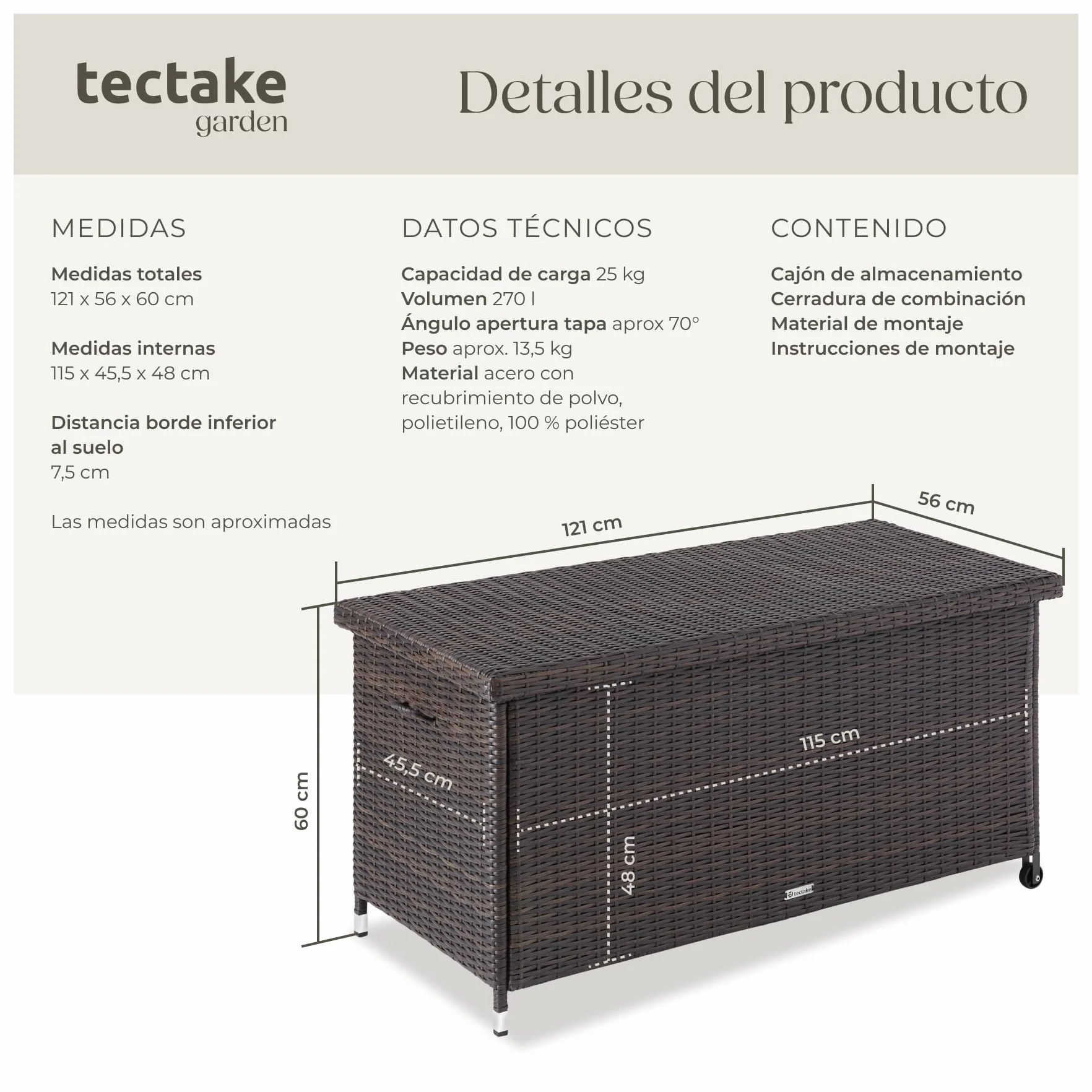 tectake Baúl de Almacenaje Exterior Polirratán 270L 121x56x60 cm