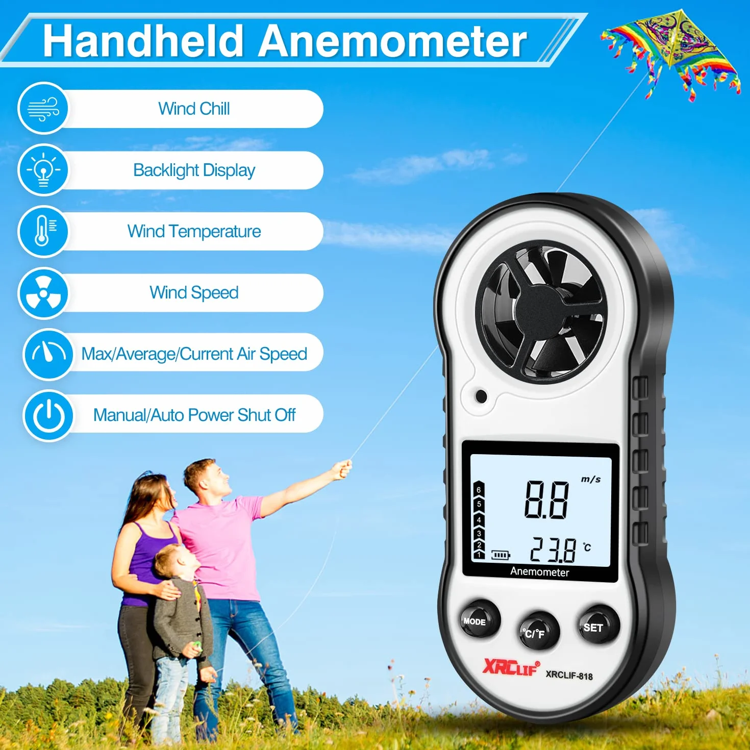Anemómetro digital de velocidad del viento medidor de flujo de aire para temperatura y velocidad gris