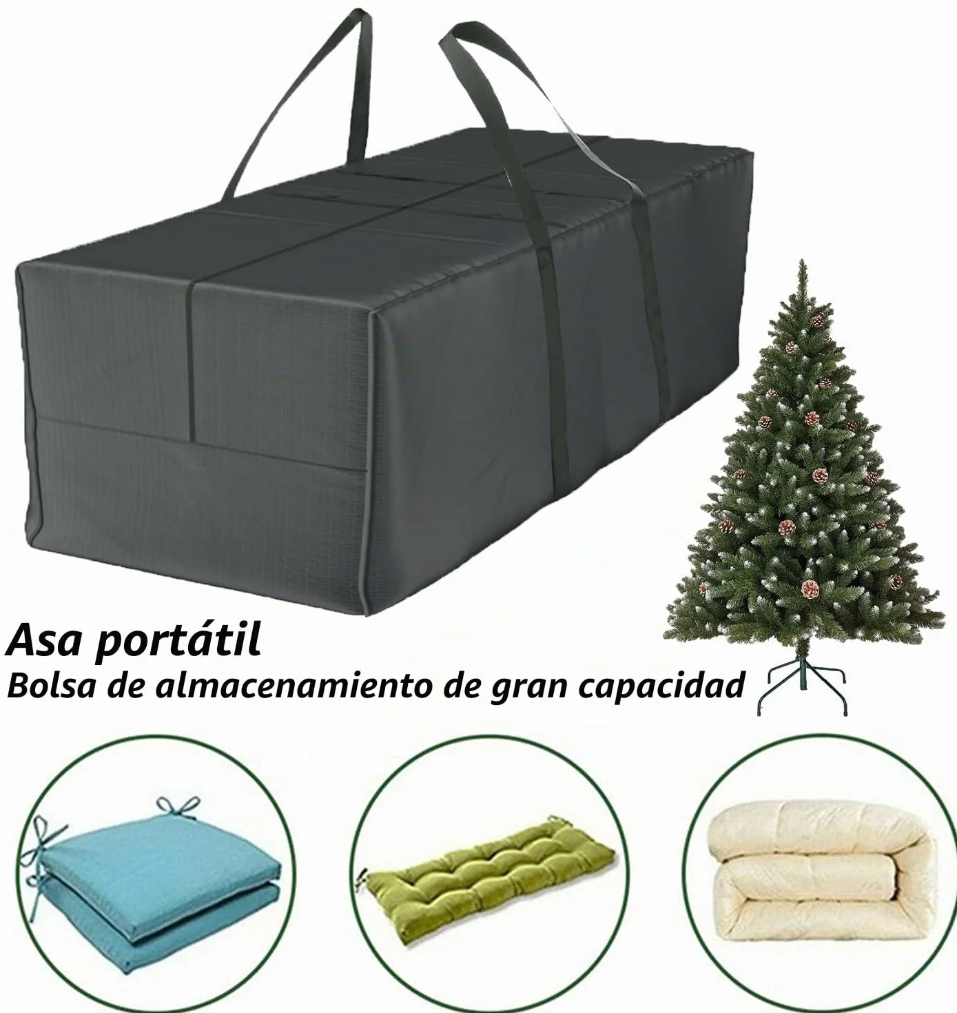 Bolsa Almacenamiento Cojines Muebles Jardín Impermeable Anti-UV Tela Oxford 600D 175x80x65cm Navidad Asa Cremallera