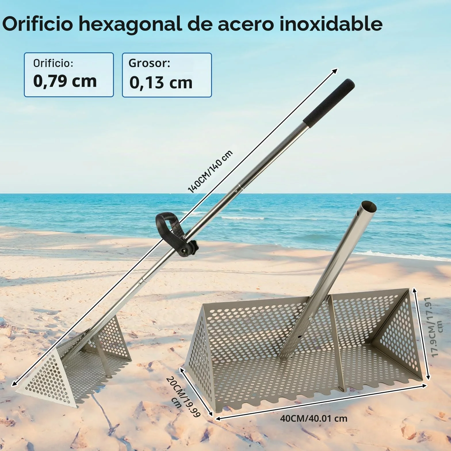 Colador de arena de acero inoxidable con cesta trapezoidal ancha, rastrillo de playa extraíble de mango largo