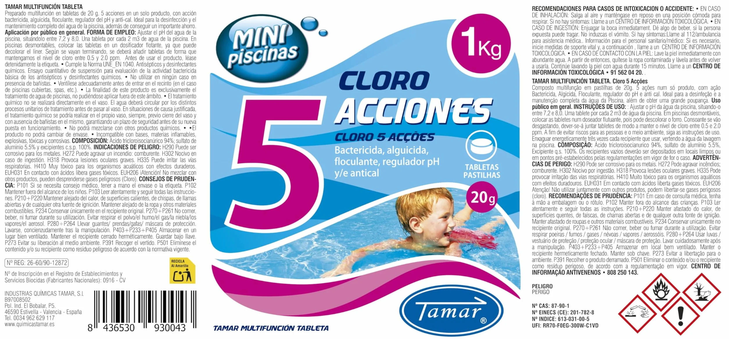 Tamar Cloro 5 Acciones Tabletas Multifuncion 20 grs Mini Piscinas 1 Kilo