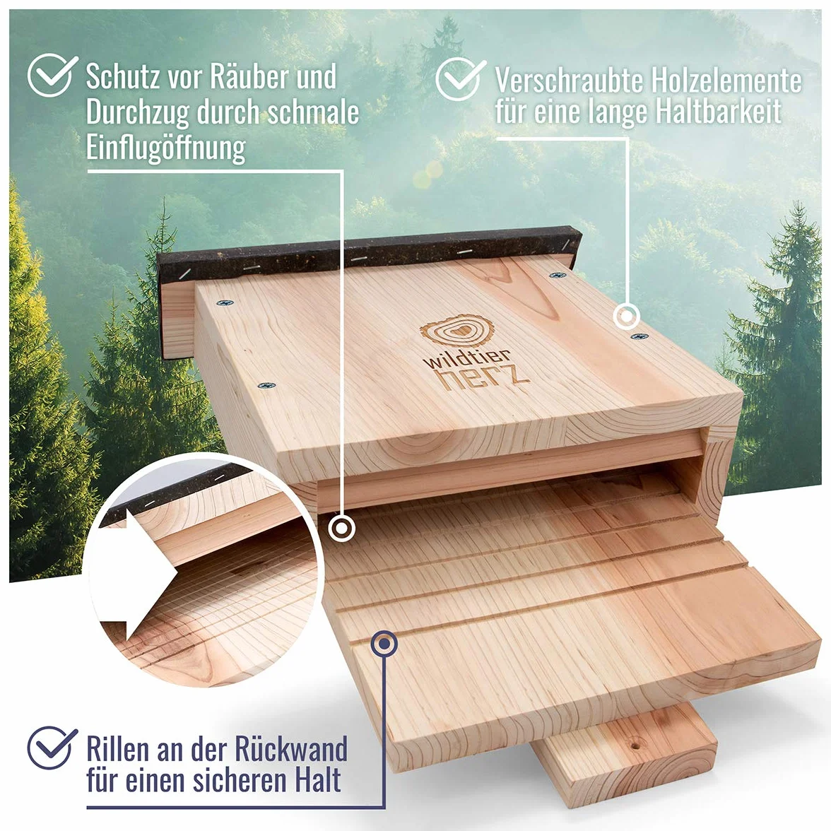 wildtier herz I Gran Caja para murciélagos de Madera Maciza I Casa para murciélagos Resistente a la Intemperie como cuartel de Verano e Invierno I Caja Nido para murciélagos, Caja para murciélagos