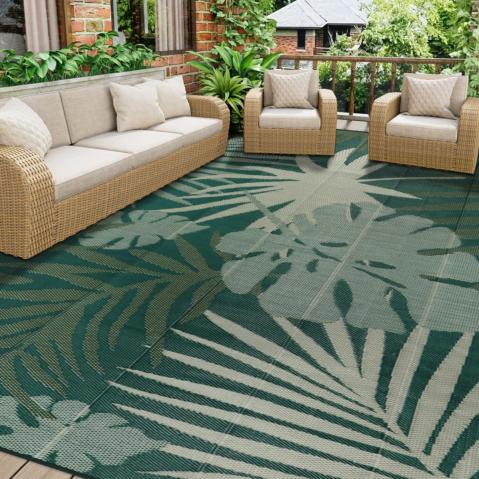 Homcomodar Alfombra Exteriores para Patio 245x305cm Alfombras Grande de Camping Paja Plástico Esteras Reversibles Resistente UV Balcón Verde