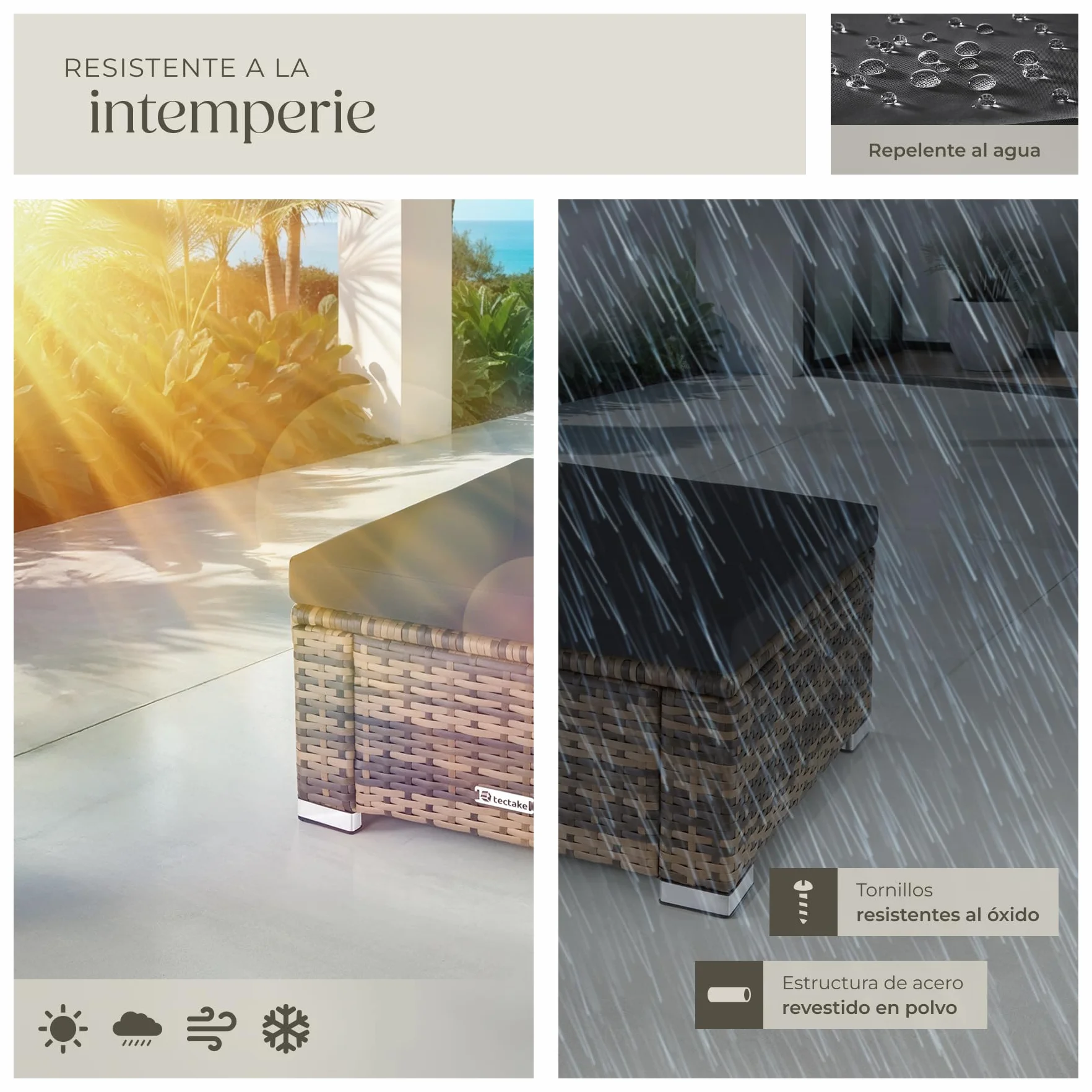 TecTake® Taburete de Ratán y Acero, Muebles Jardín Exterior Resistentes a Intemperie, Puf con Cojines Extraíbles