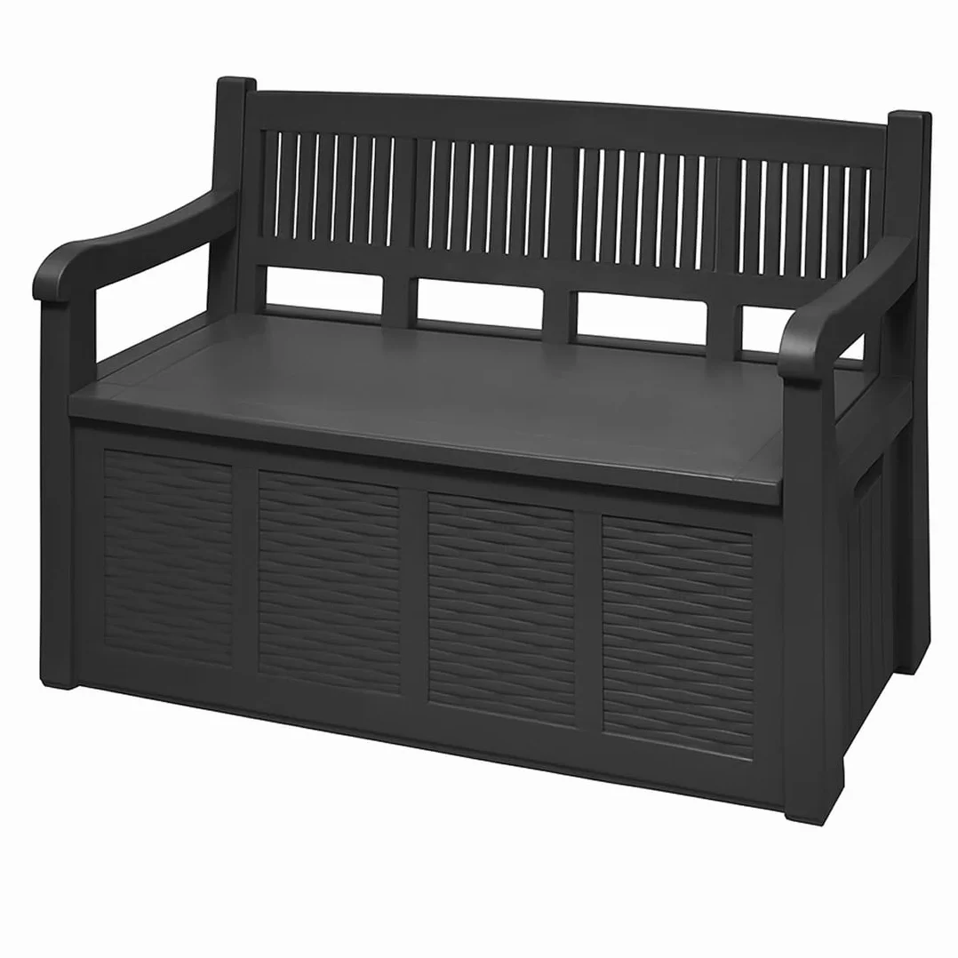 Banco de Jardin con Baul Almacenaje Integrado 130x60x85 Respaldo Alto Apoyabrazos Antracita 280L