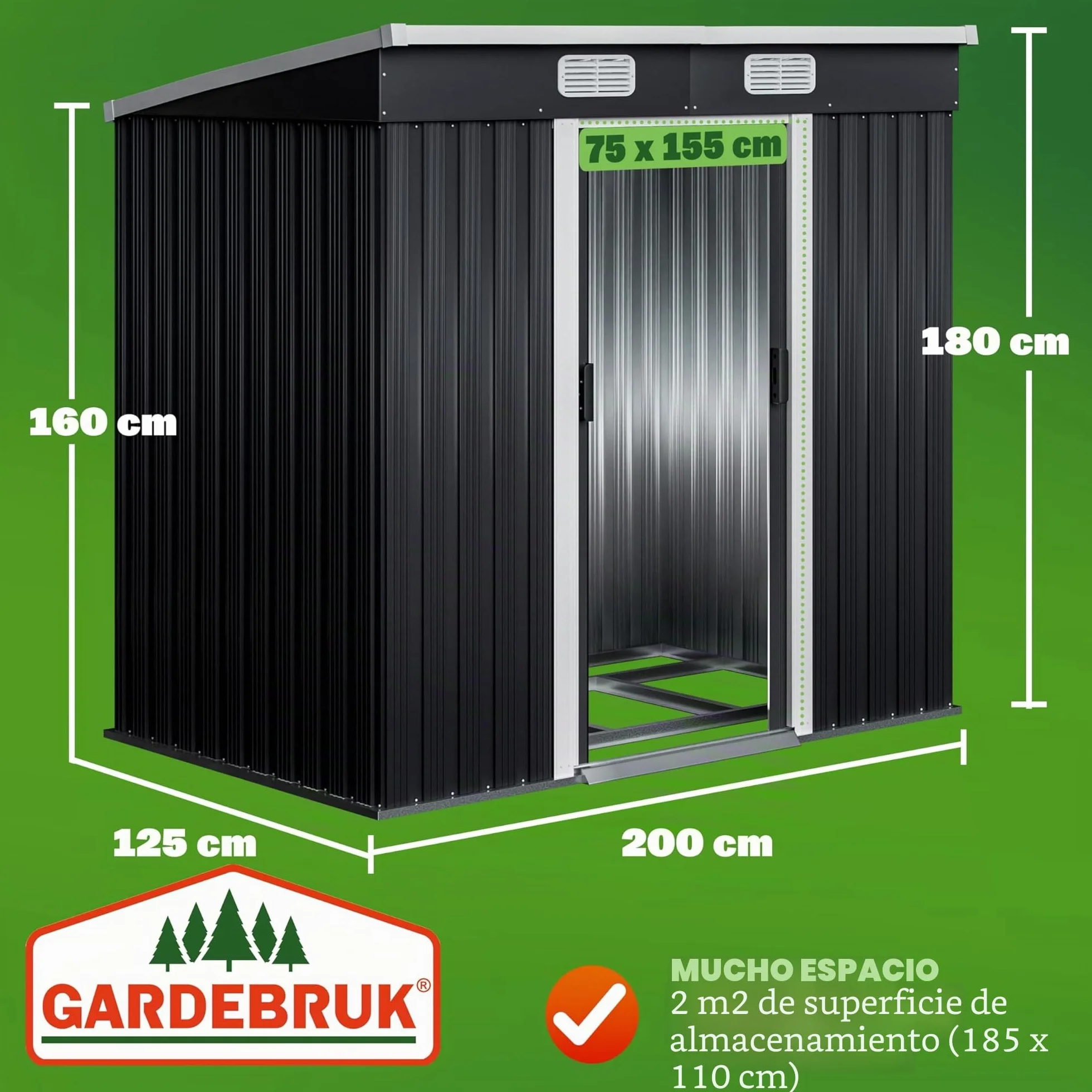 Cobertizo de Jardín Metálico 2m² 200x125x185cm Puerta Corrediza Antracita