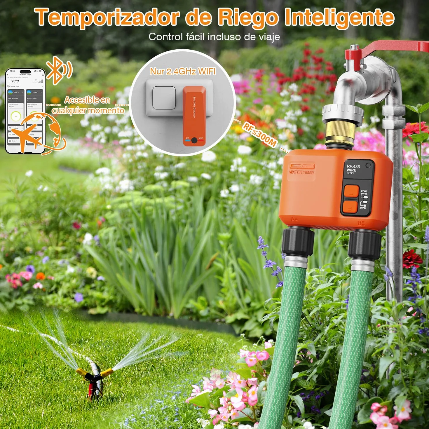Programador de Riego WiFi 2 Salidas 300 Metros RF Entrada de Latón Retardo Lluvia Temporizador Automático Jardín Compatible Alexa Smart Life