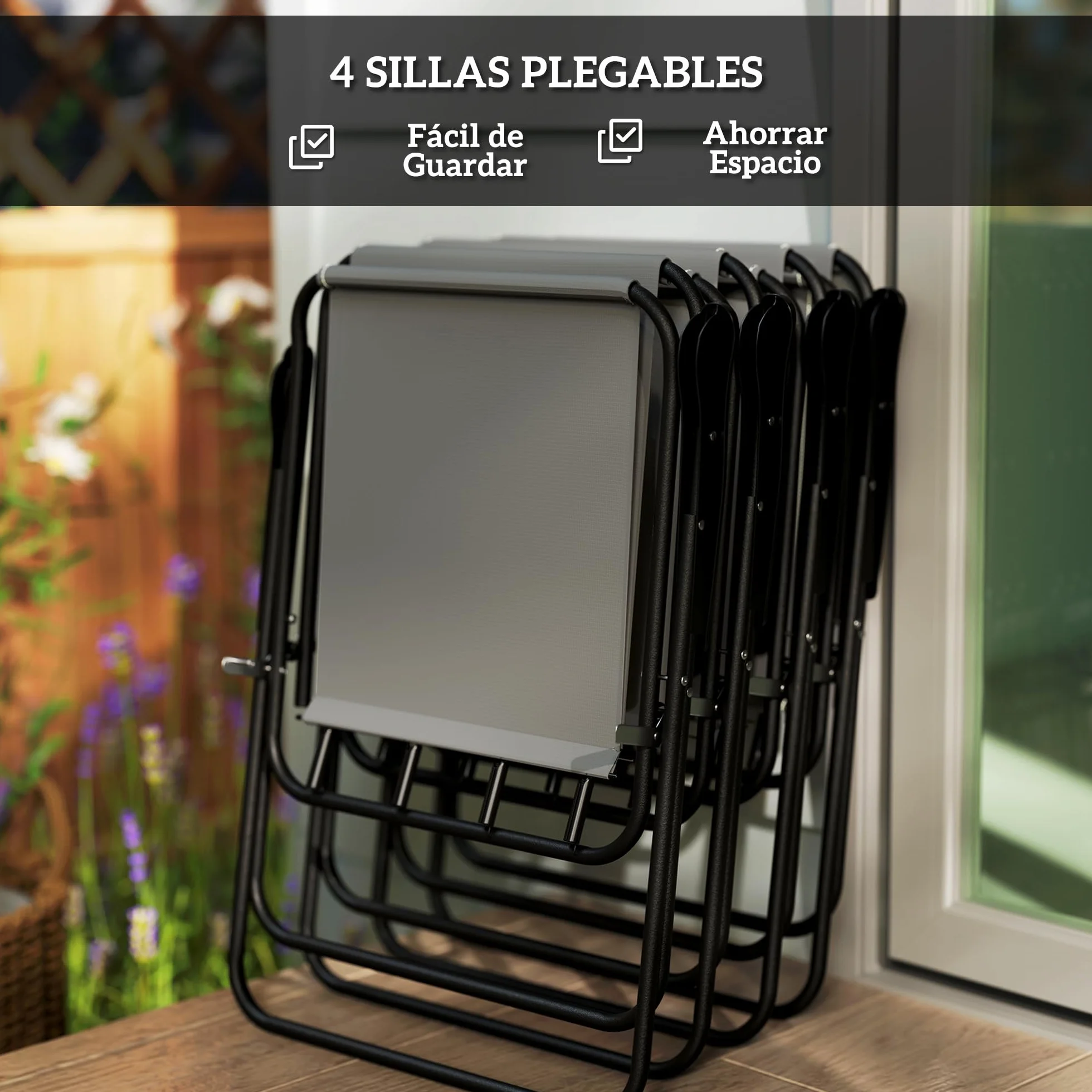 Outsunny Conjunto de Mesa y Sillas Jardín de 6 Piezas Muebles de Jardín Exterior con 4 Sillas Plegables Mesa de Vidrio y Sombrilla para Terraza Patio Gris