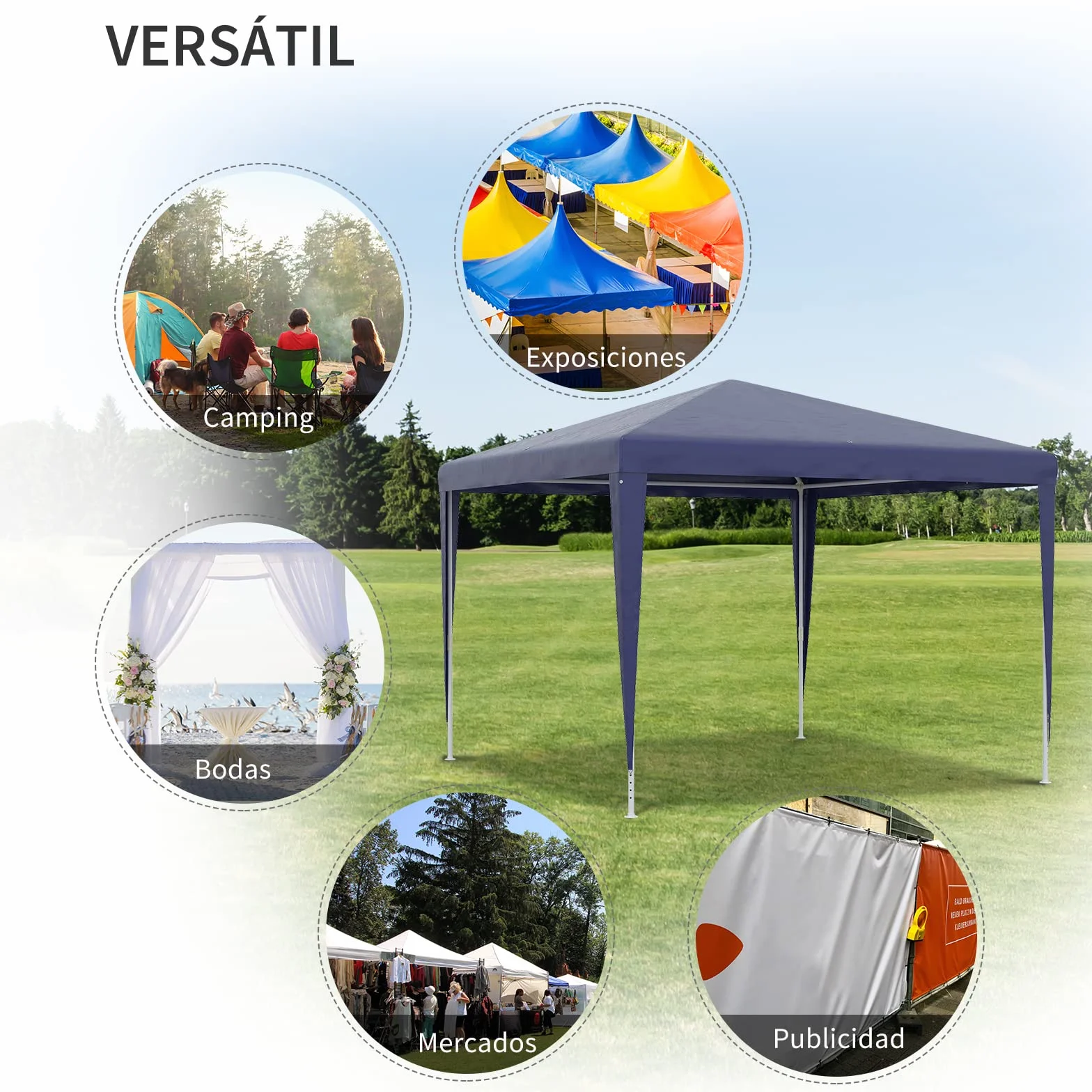 Outsunny Carpa Desmontable 3x3 m Cenador Pabellón de Jardín con 4 Orificios de Drenaje y Marco de Acero Anti-UV Gazebo para Terraza Patio Exterior Camping Azul