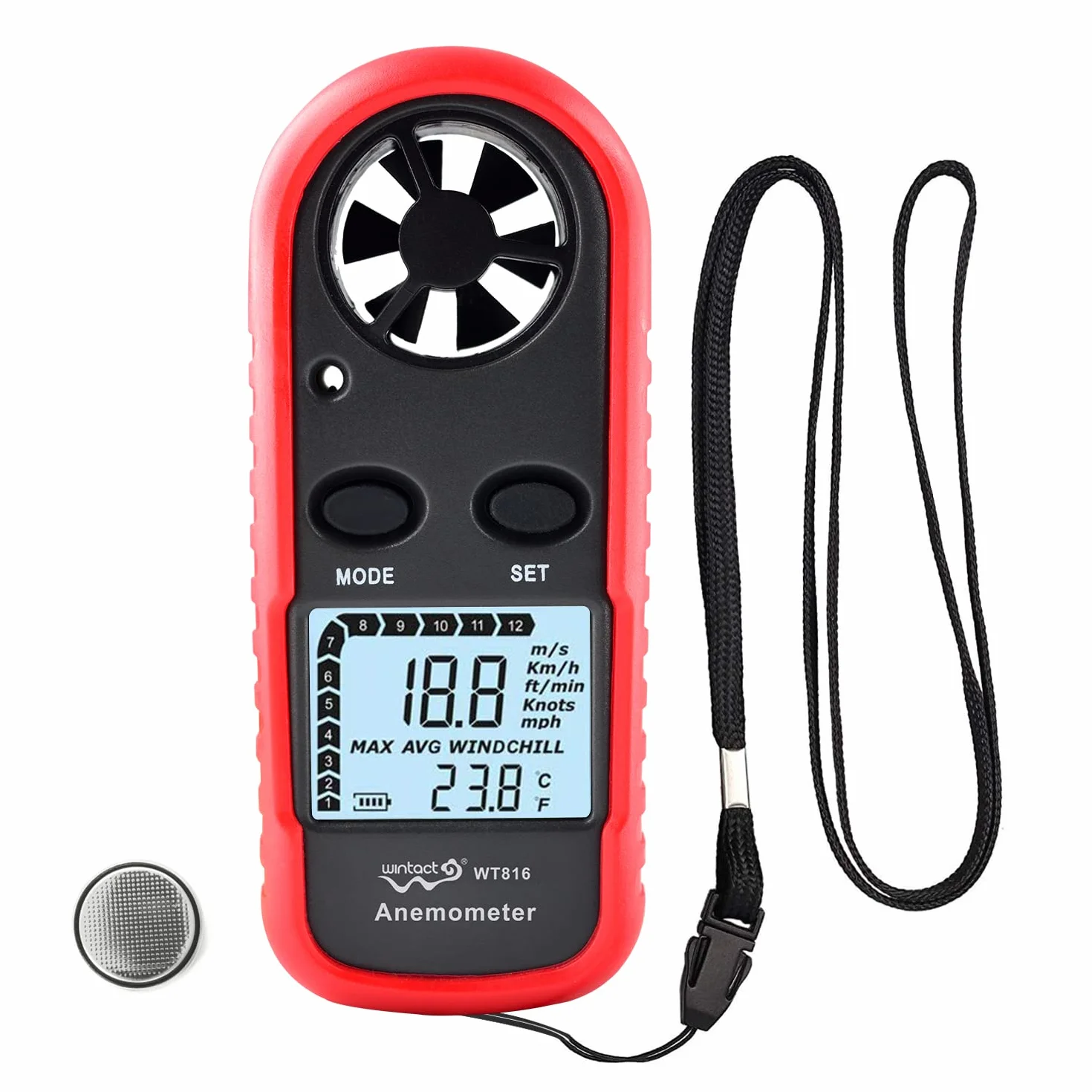 Wintact Anemómetro Digital de Velocidad del Viento y Temperatura del Aire, Medidor HVAC