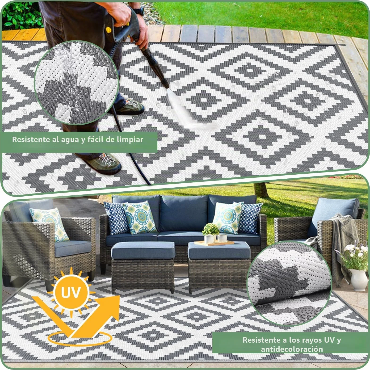 Alfombra de Exterior Impermeable Grande Reversible para Patio Jardín