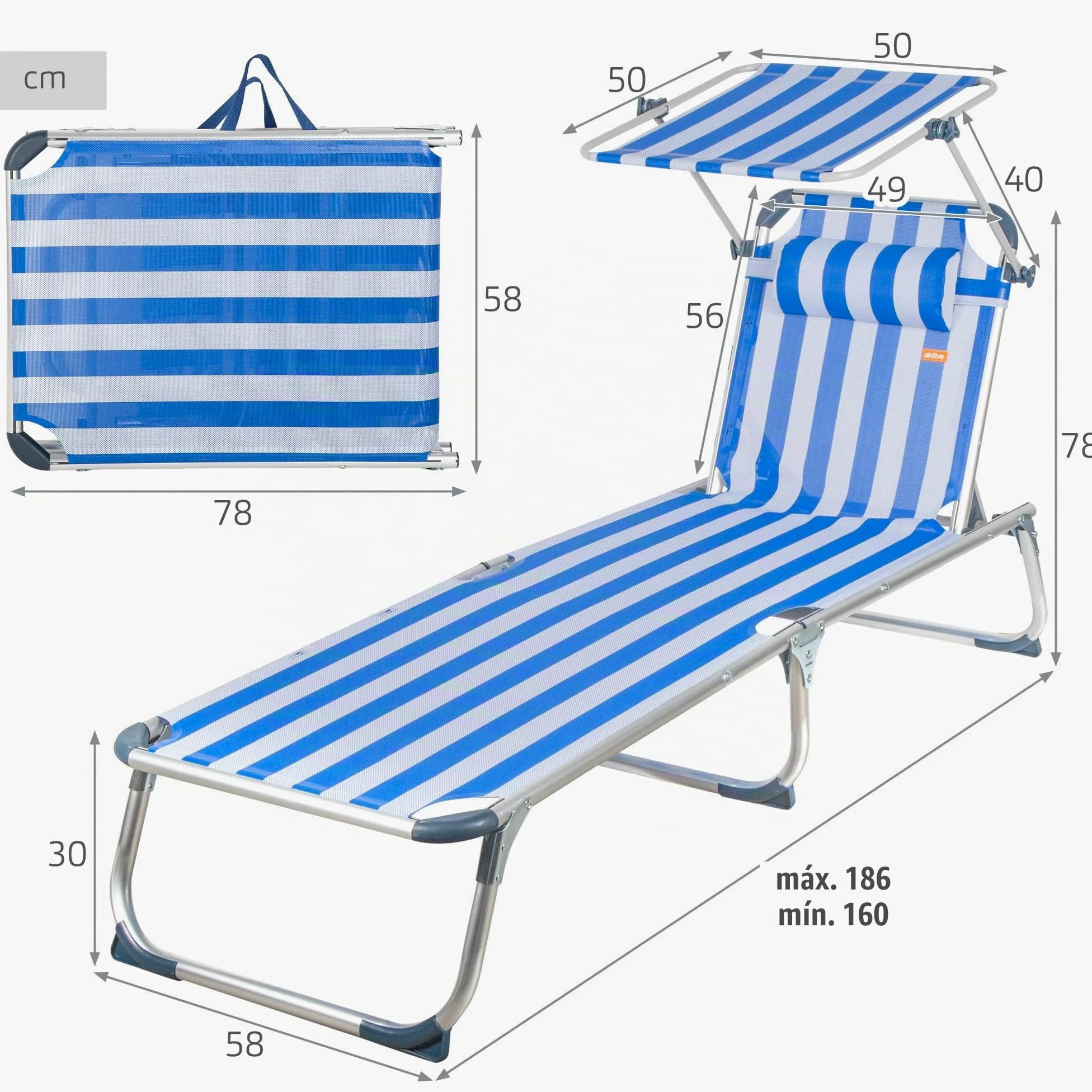 AKTIVE Hamaca Playa Plegable, Azul Rayas, 186x49x30 cm, 5 Posiciones, Topes antivuelco, Parasol, Cojín, Soporta 110 kg, Estructura Aluminio, Tumbona terraza Exterior, Hamacas jardín (62475)