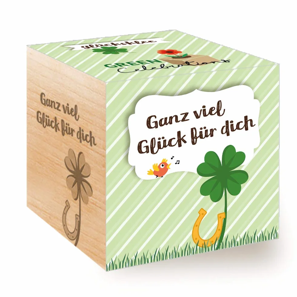 Feel Green Celebrations Ecocube trébol de la Suerte Cubo de Madera con Grabado láser Set de Cultivo