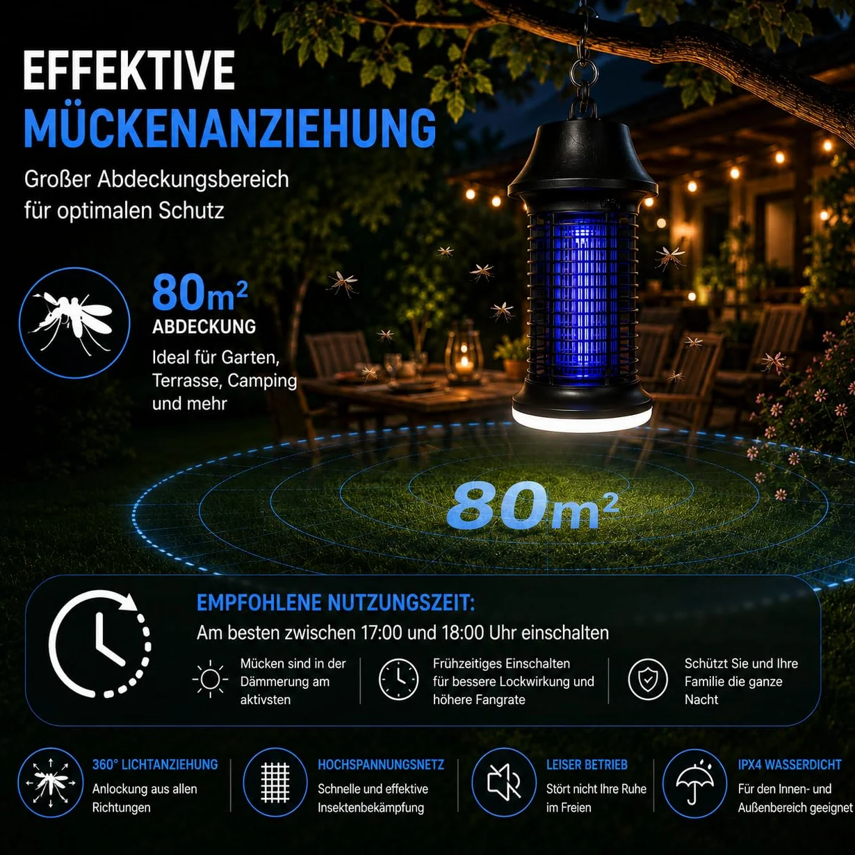 Insecticida eléctrico 2500 V, 15 W, UV, con luz LED, lámpara antimosquitos IPX4, resistente al agua, trampa contra mosquitos, moscas e insectos, para interior y exterior