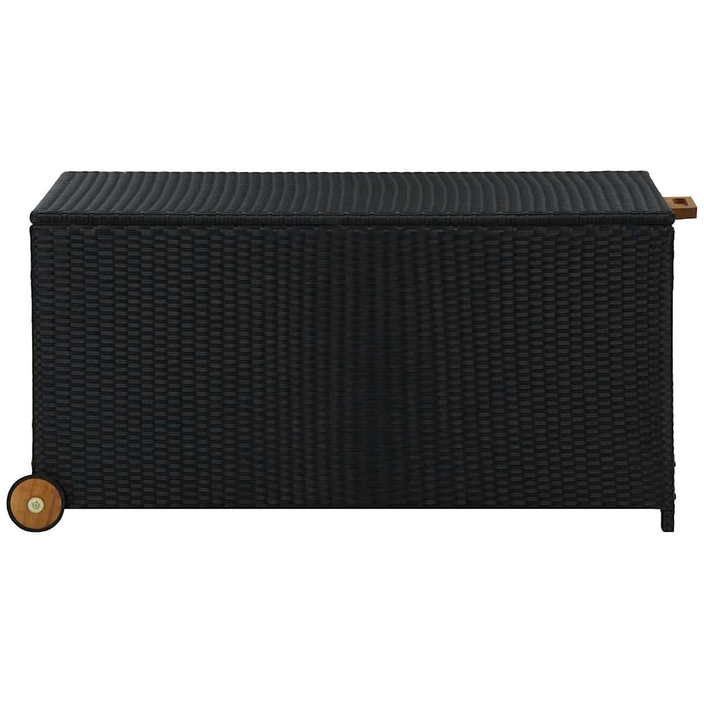 Caja acolchada negra de 120 x 65 x 61 cm, de ratán sintético resistente a la intemperie, con mango de madera, bolsillo interior impermeable y 2 ruedas para guardar almohadas y mantas