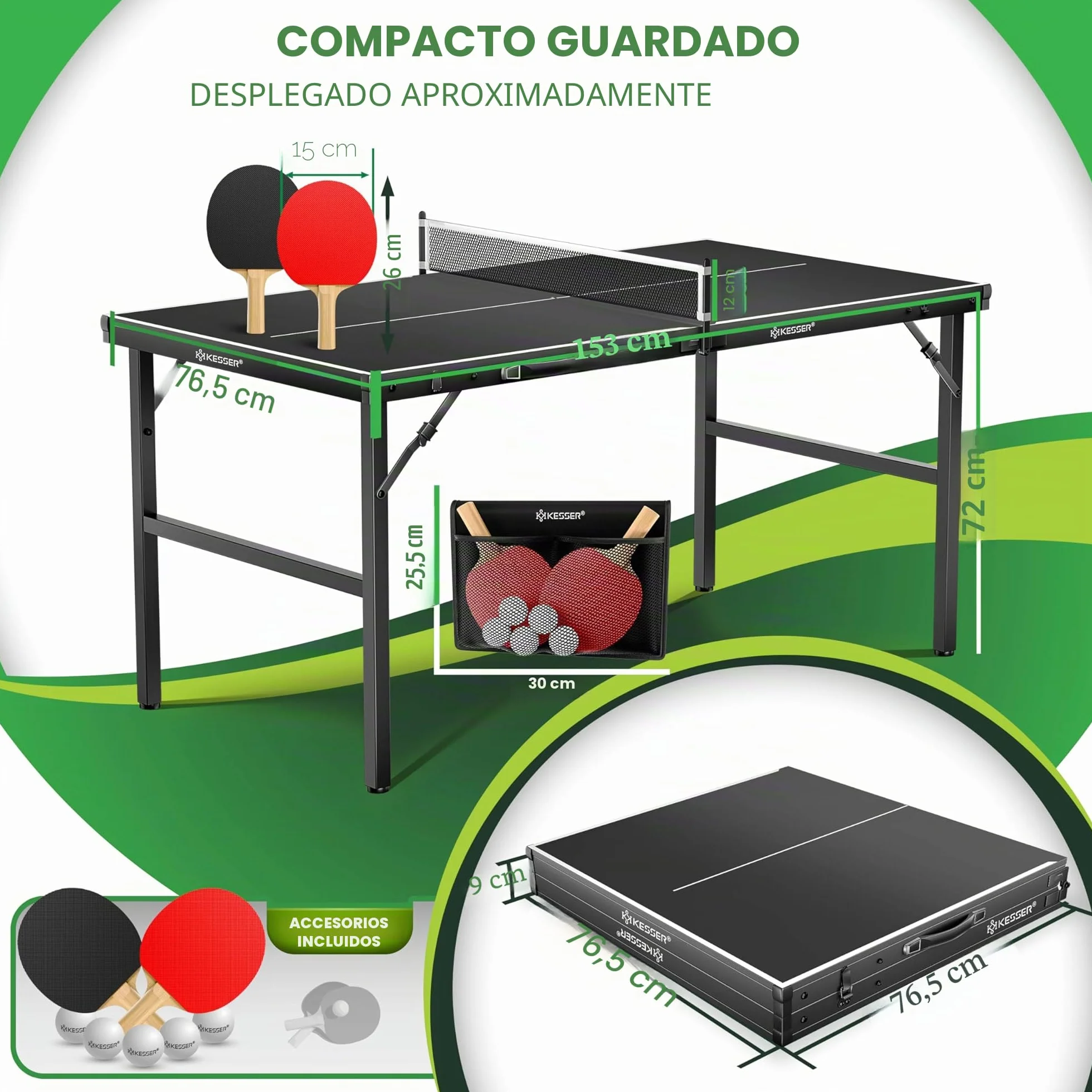 KESSER Mesa de ping pong Mini Outdoor Interior con raquetas, pelotas y red TT – Resistente a la intemperie – Plegable para viajes