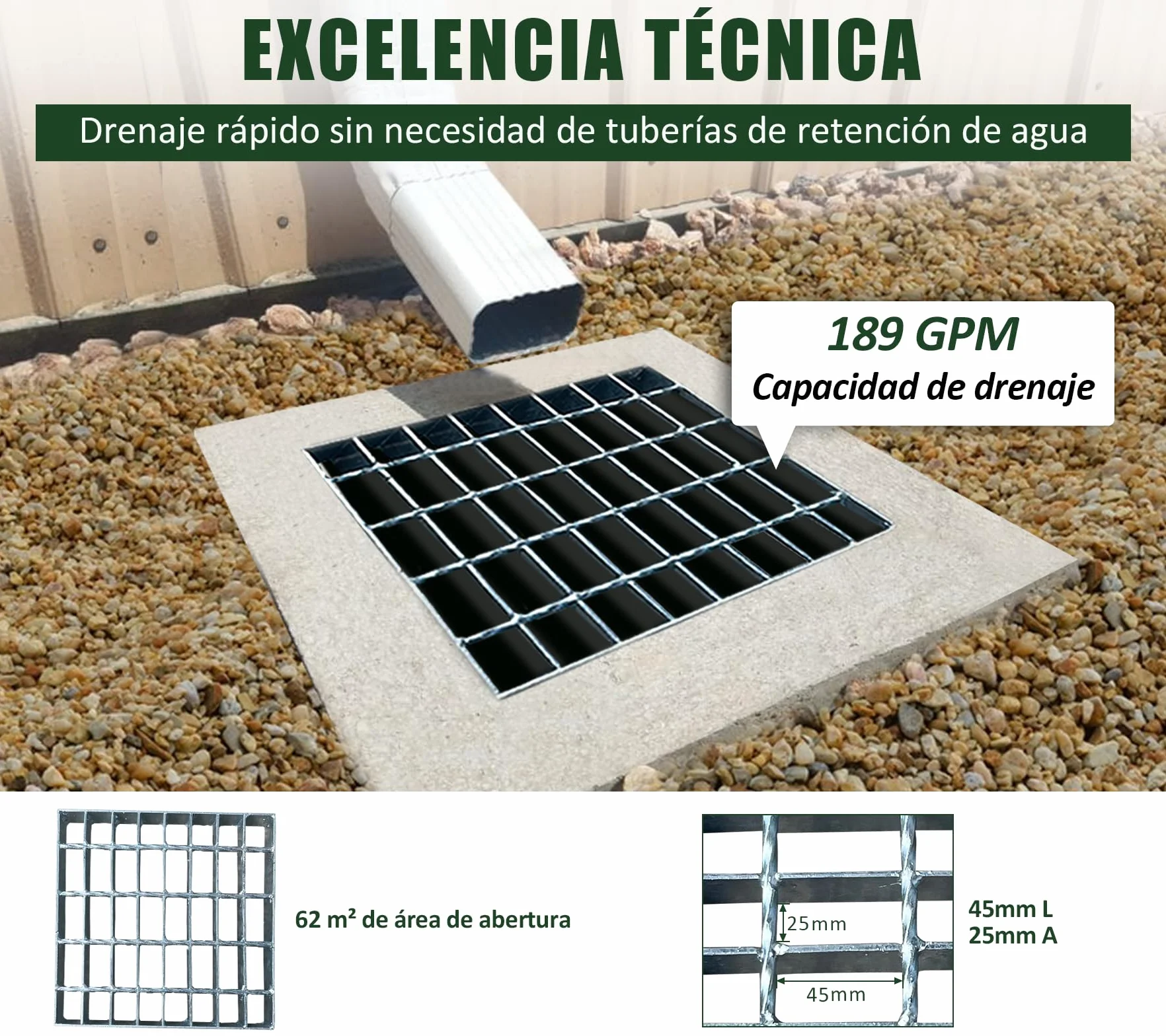 Rejilla de desagüe galvanizado 226 x 226 x 30 mm para piscina MW 25/45 mm cuadrada