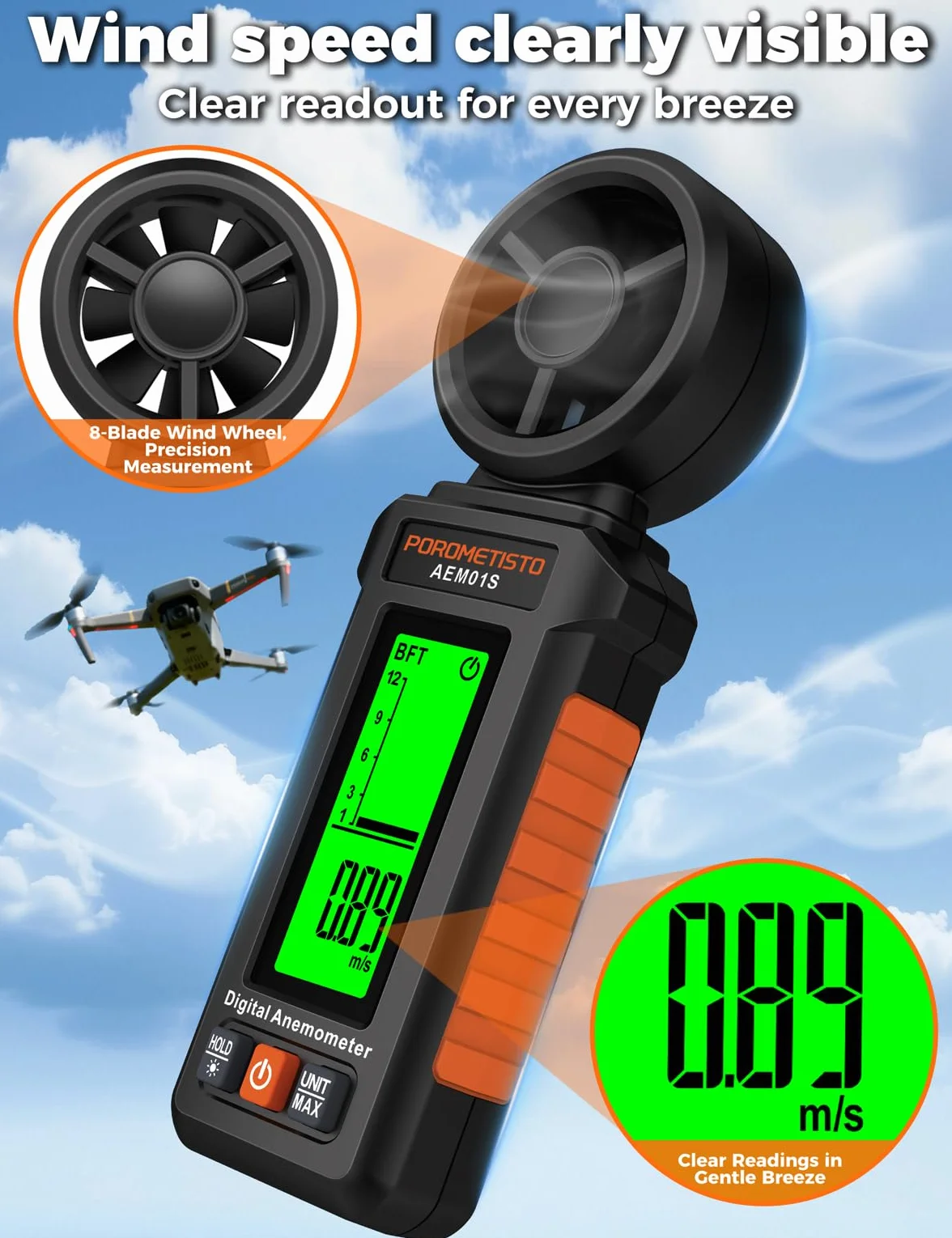 Anemómetro Digital AEM01S Portátil Antideslizante para HVAC
