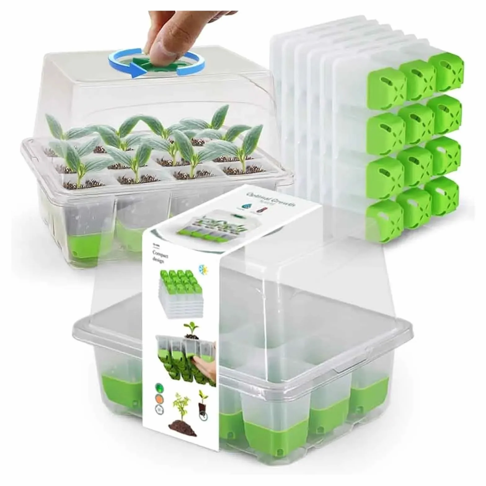 Bandejas para Semillas Bandeja de Inicio de plántulas de 12 Celdas con Cubierta Transparente Caja de germinación de Humedad Invernadero de Crecimiento for jardín Interior para Semilla(5pcs)