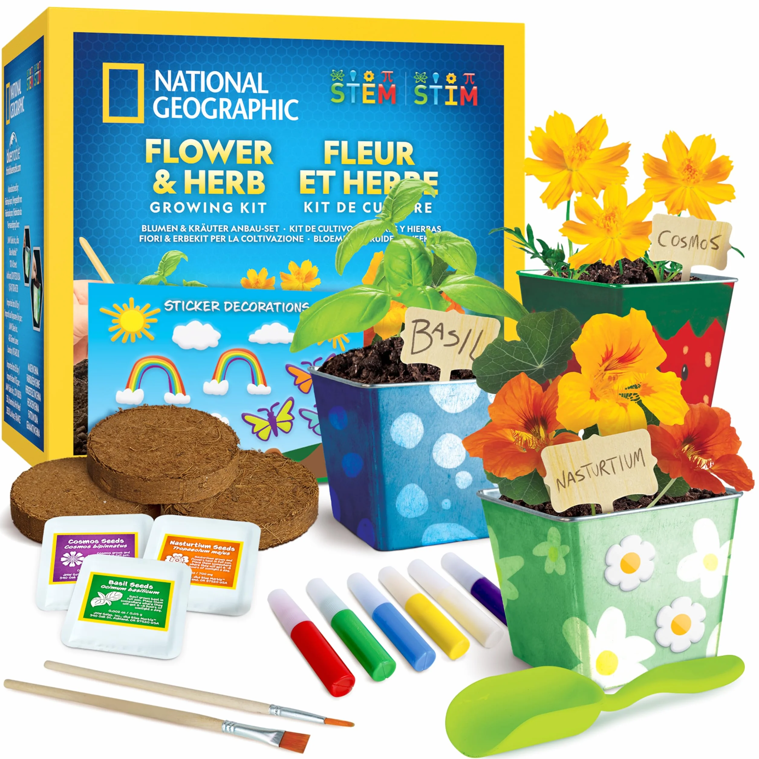 NATIONAL GEOGRAPHIC Kit de Jardinería para Niños con Macetas de Acero Inoxidable, Semillas, Pinturas y Pegatinas