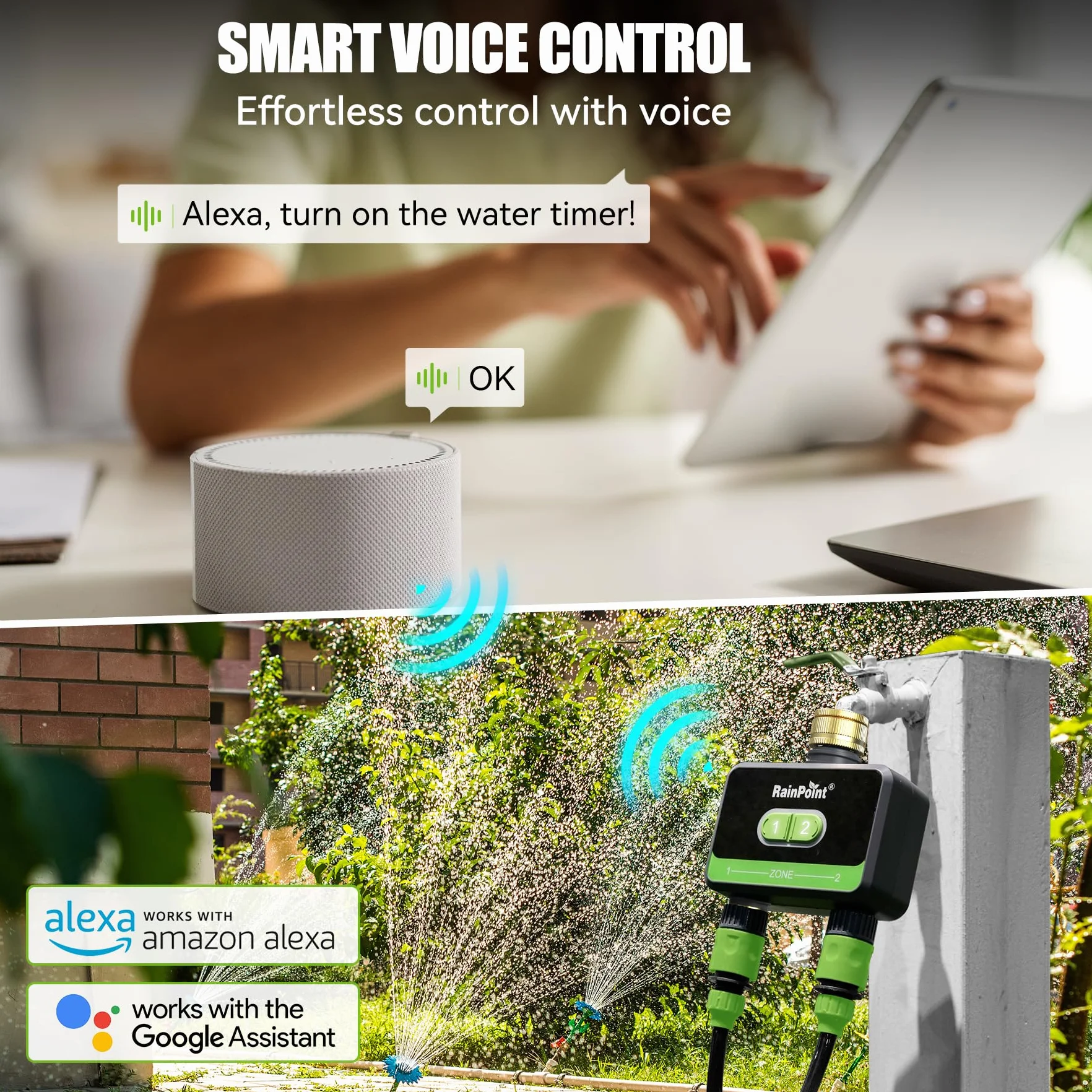RAINPOINT Programador Riego WiFi 2 Salidas Latón App Control Voz Automático Jardín