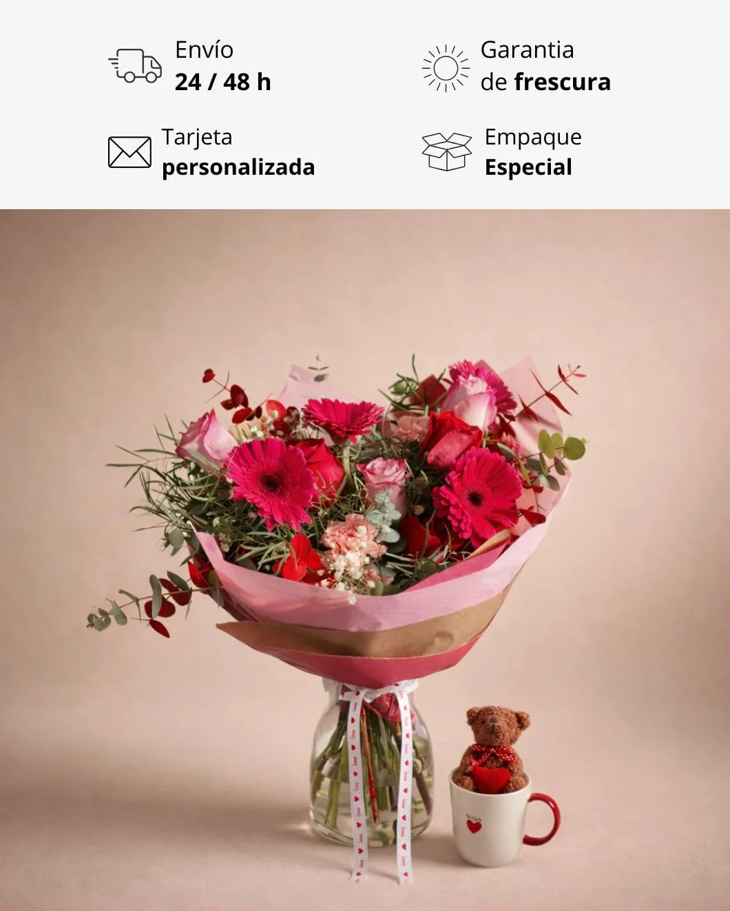 Ramo de Flores Naturales Gerberas con Taza y Peluche Regalo San Valentín